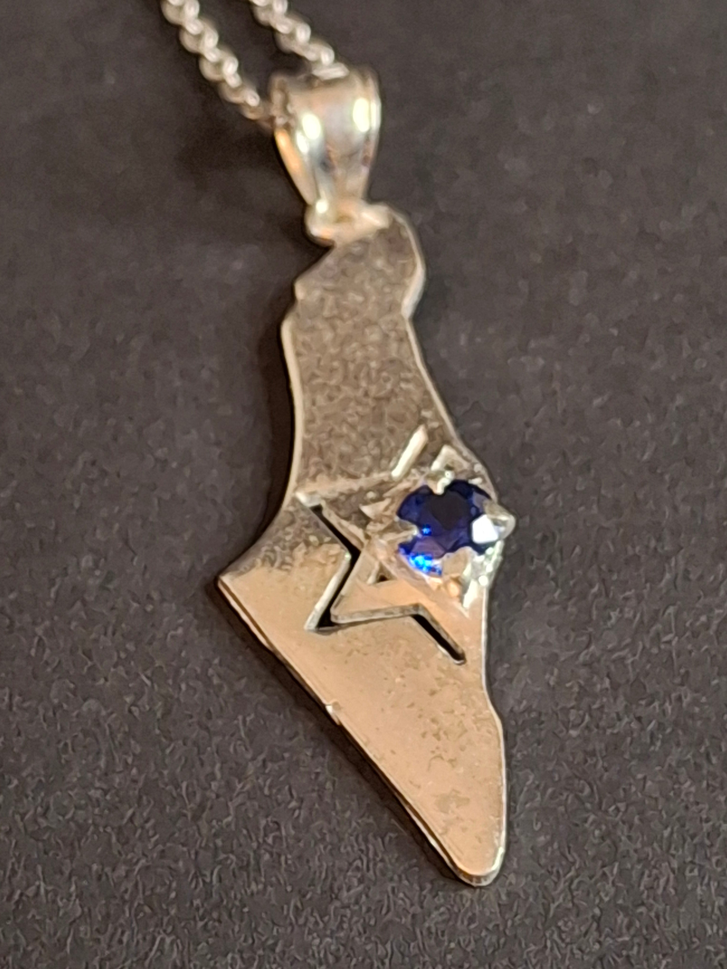 Sterling Silver Israel Map Pendant Necklace 925 Star of David Blue Stone 18"