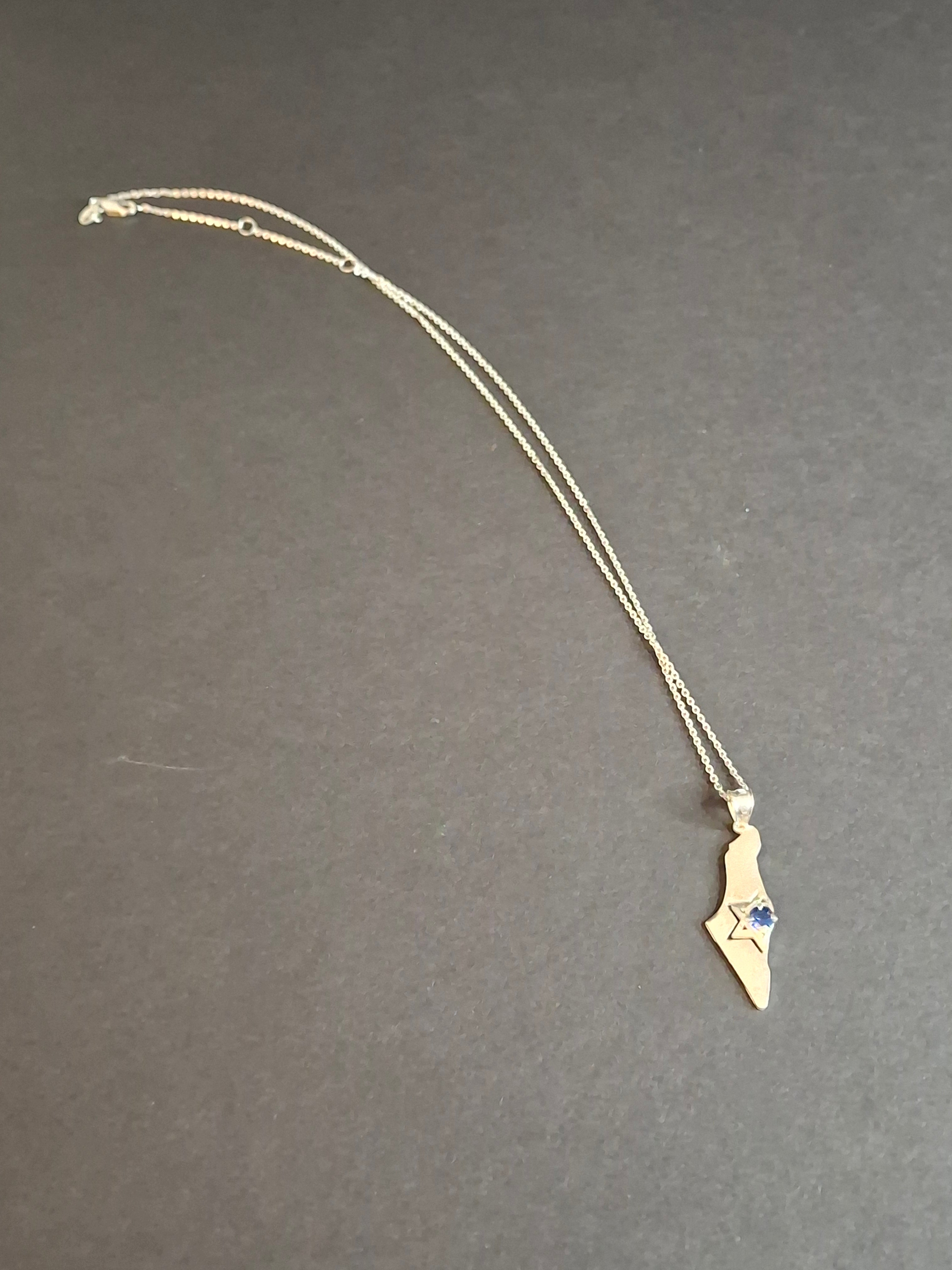 Sterling Silver Israel Map Pendant Necklace 925 Star of David Blue Stone 18"