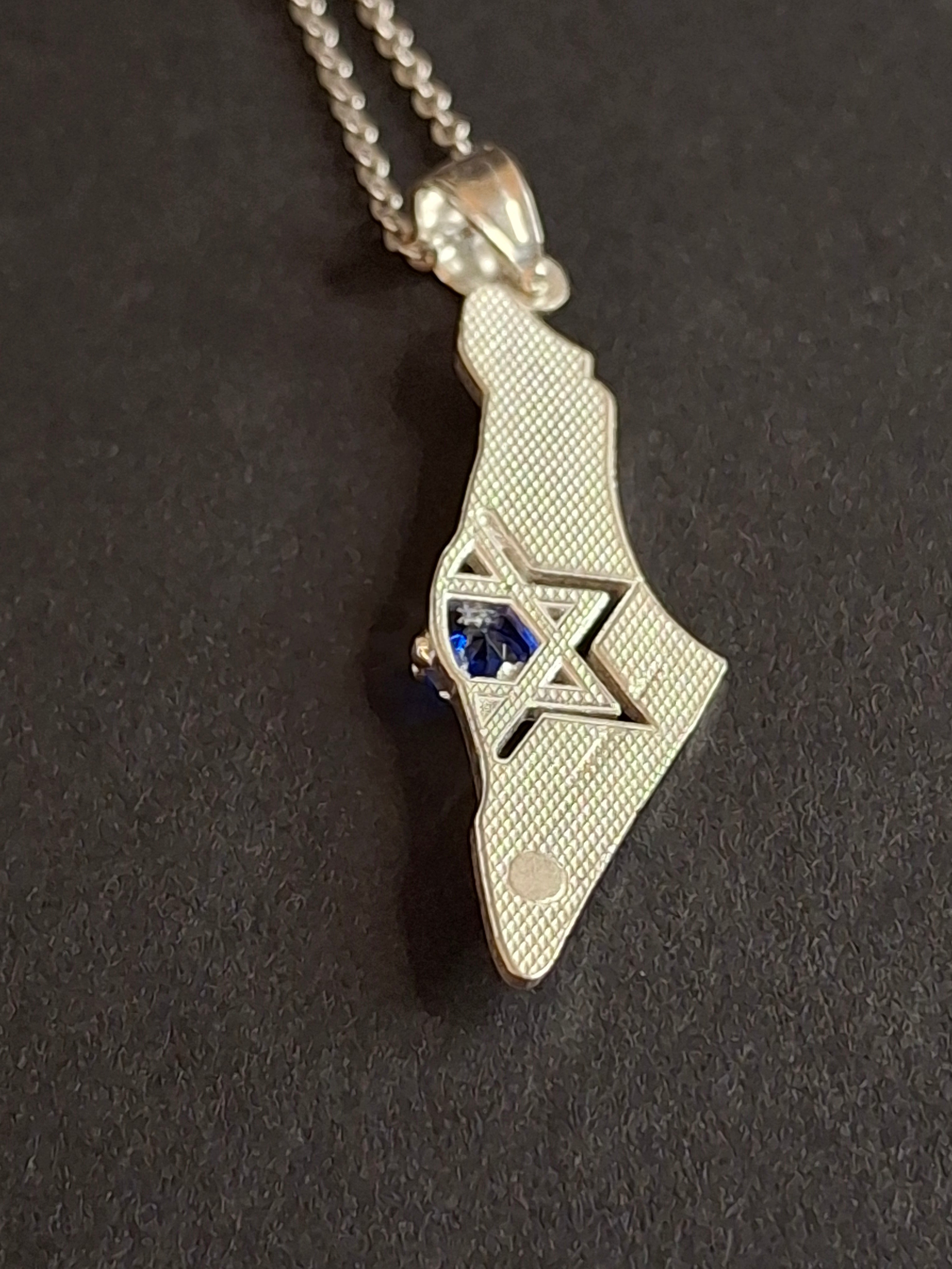 Sterling Silver Israel Map Pendant Necklace 925 Star of David Blue Stone 18"