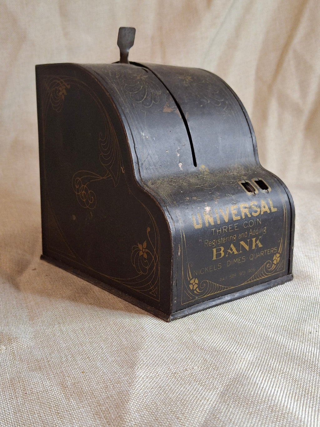Antique 1905 Universal 3-Coin Registering Bank Chas W Shonk Chicago Tin Litho