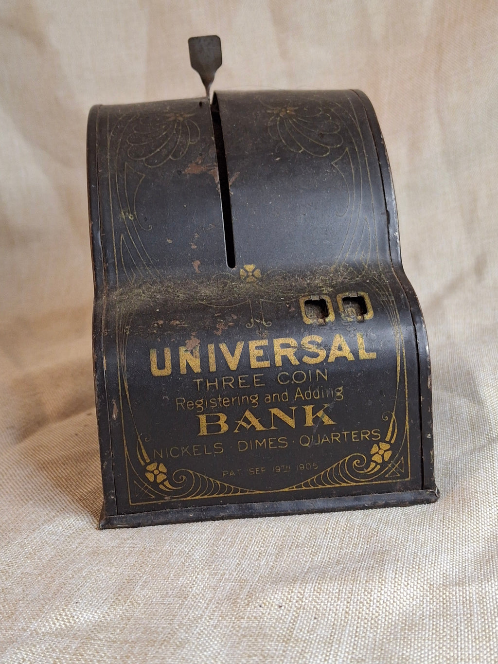 Antique 1905 Universal 3-Coin Registering Bank Chas W Shonk Chicago Tin Litho