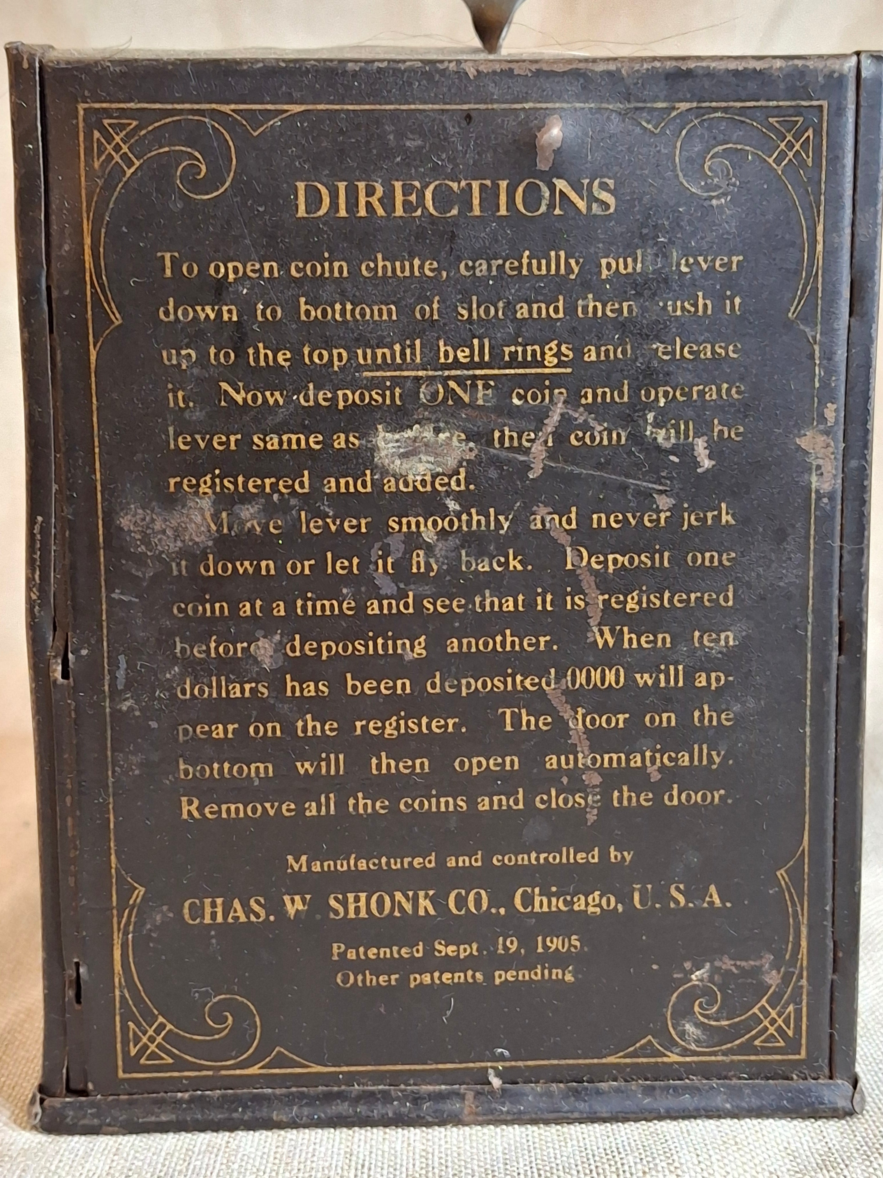 Antique 1905 Universal 3-Coin Registering Bank Chas W Shonk Chicago Tin Litho