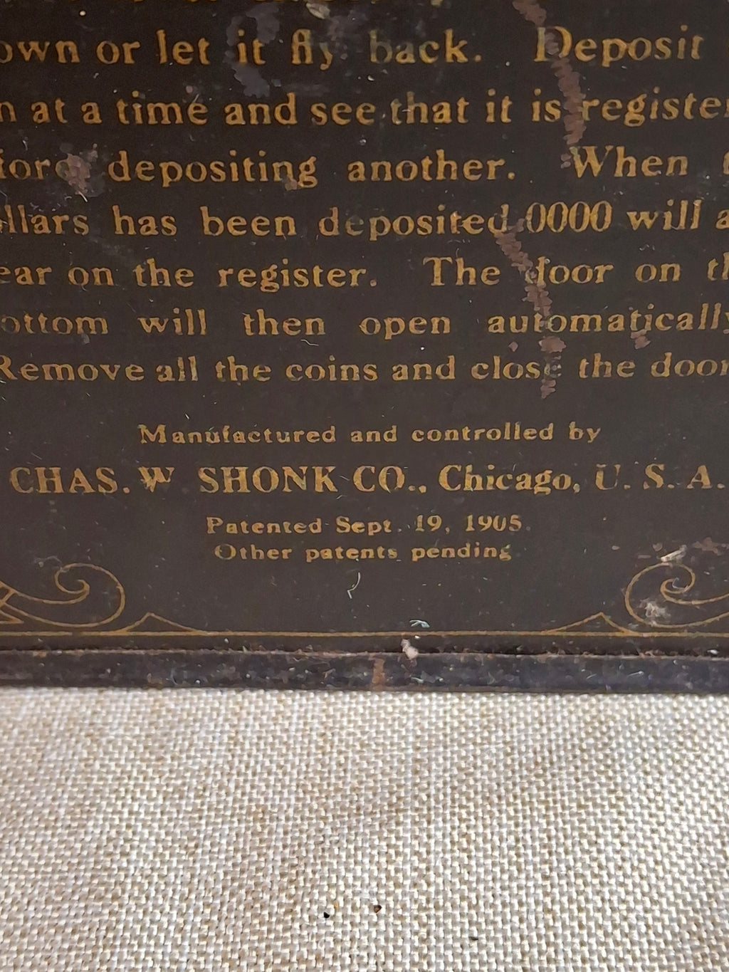 Antique 1905 Universal 3-Coin Registering Bank Chas W Shonk Chicago Tin Litho