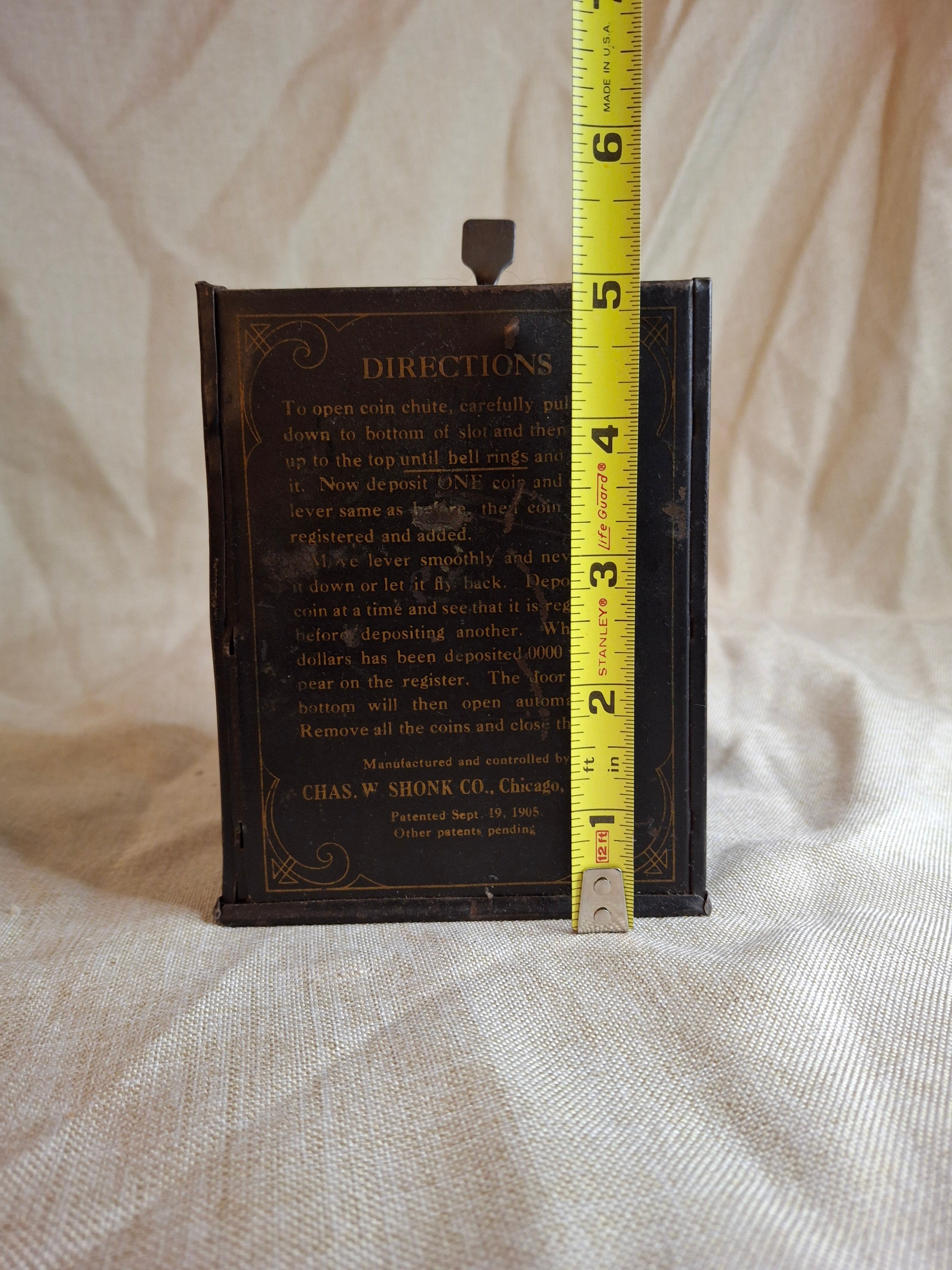 Antique 1905 Universal 3-Coin Registering Bank Chas W Shonk Chicago Tin Litho