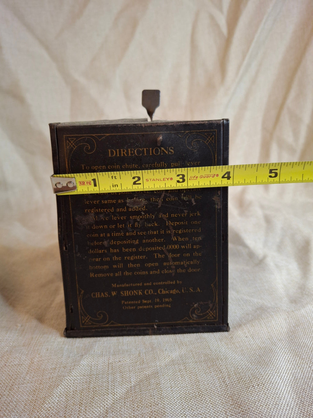 Antique 1905 Universal 3-Coin Registering Bank Chas W Shonk Chicago Tin Litho