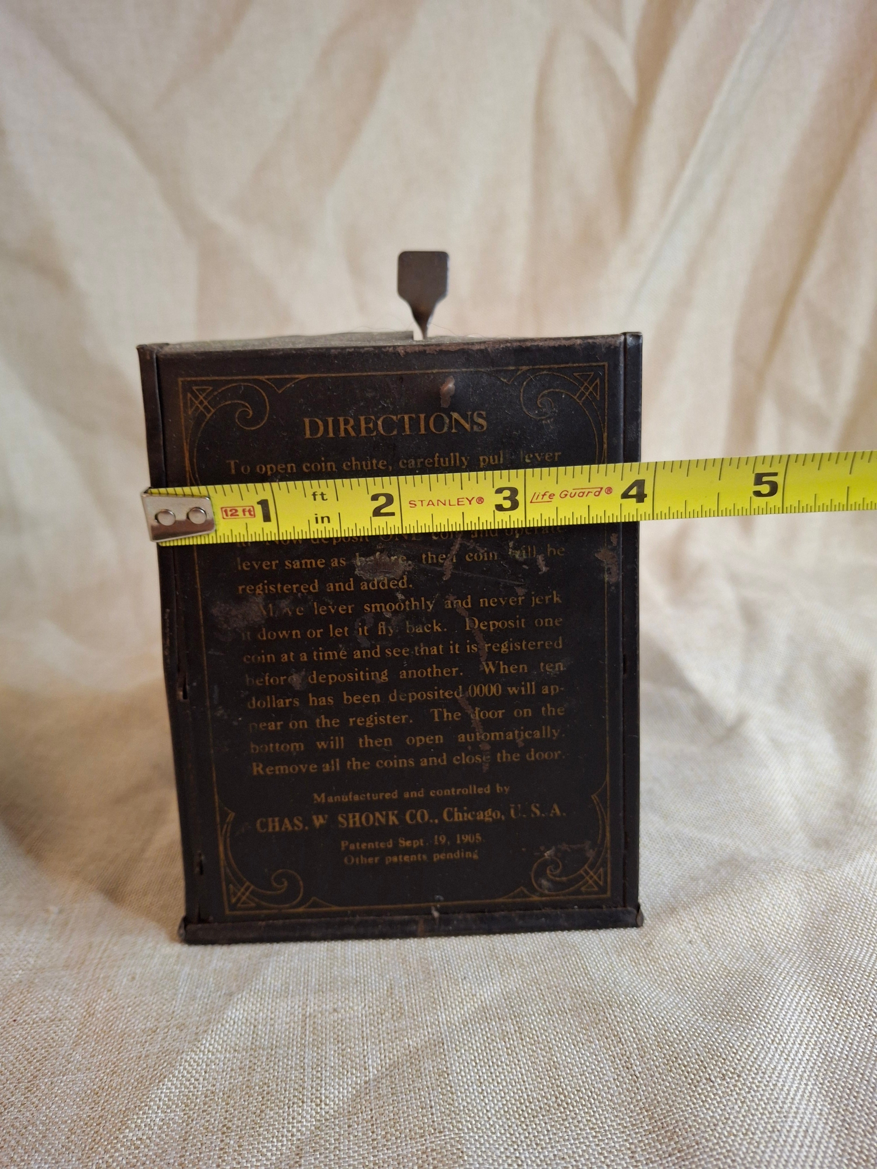 Antique 1905 Universal 3-Coin Registering Bank Chas W Shonk Chicago Tin Litho
