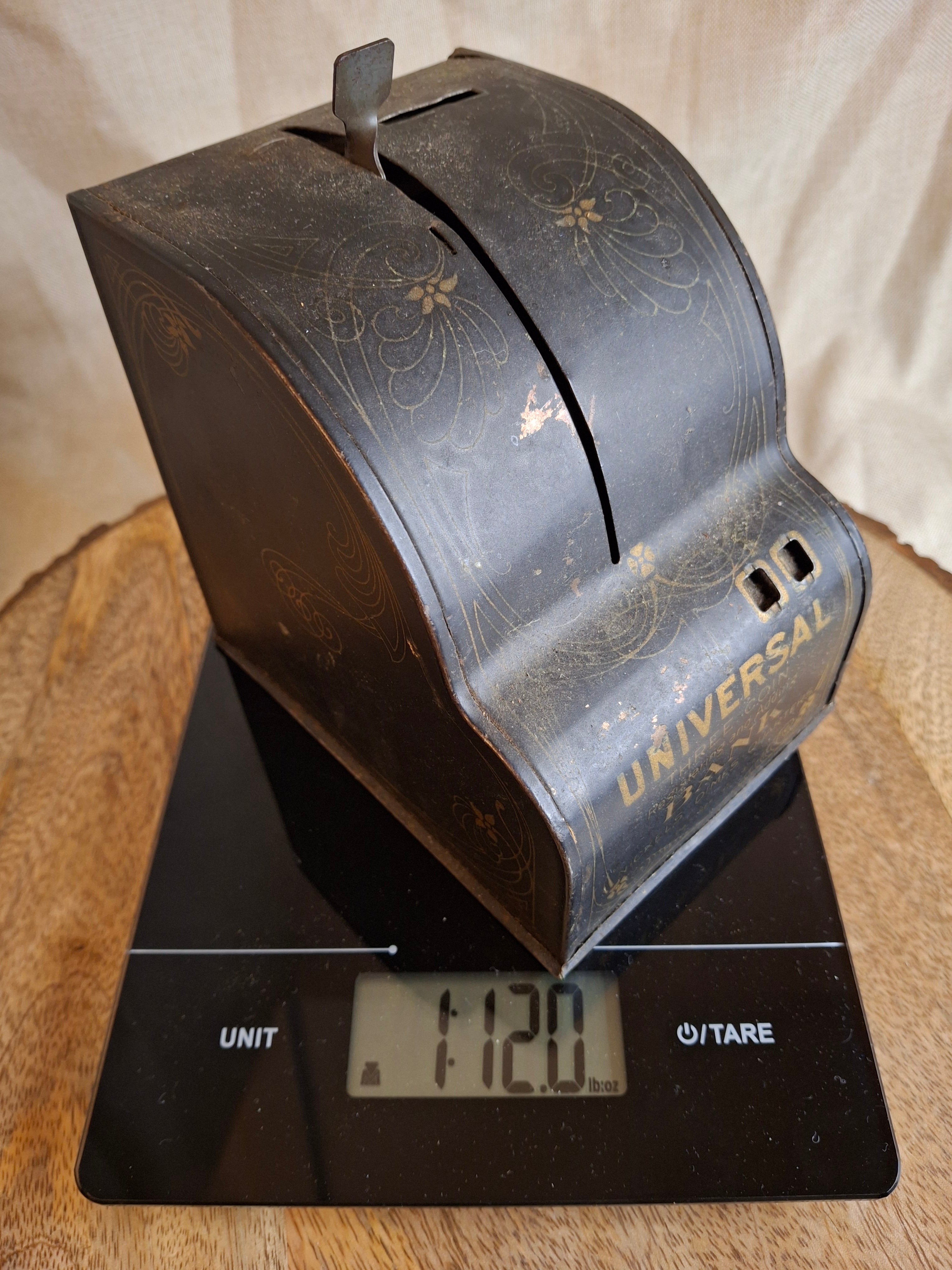 Antique 1905 Universal 3-Coin Registering Bank Chas W Shonk Chicago Tin Litho