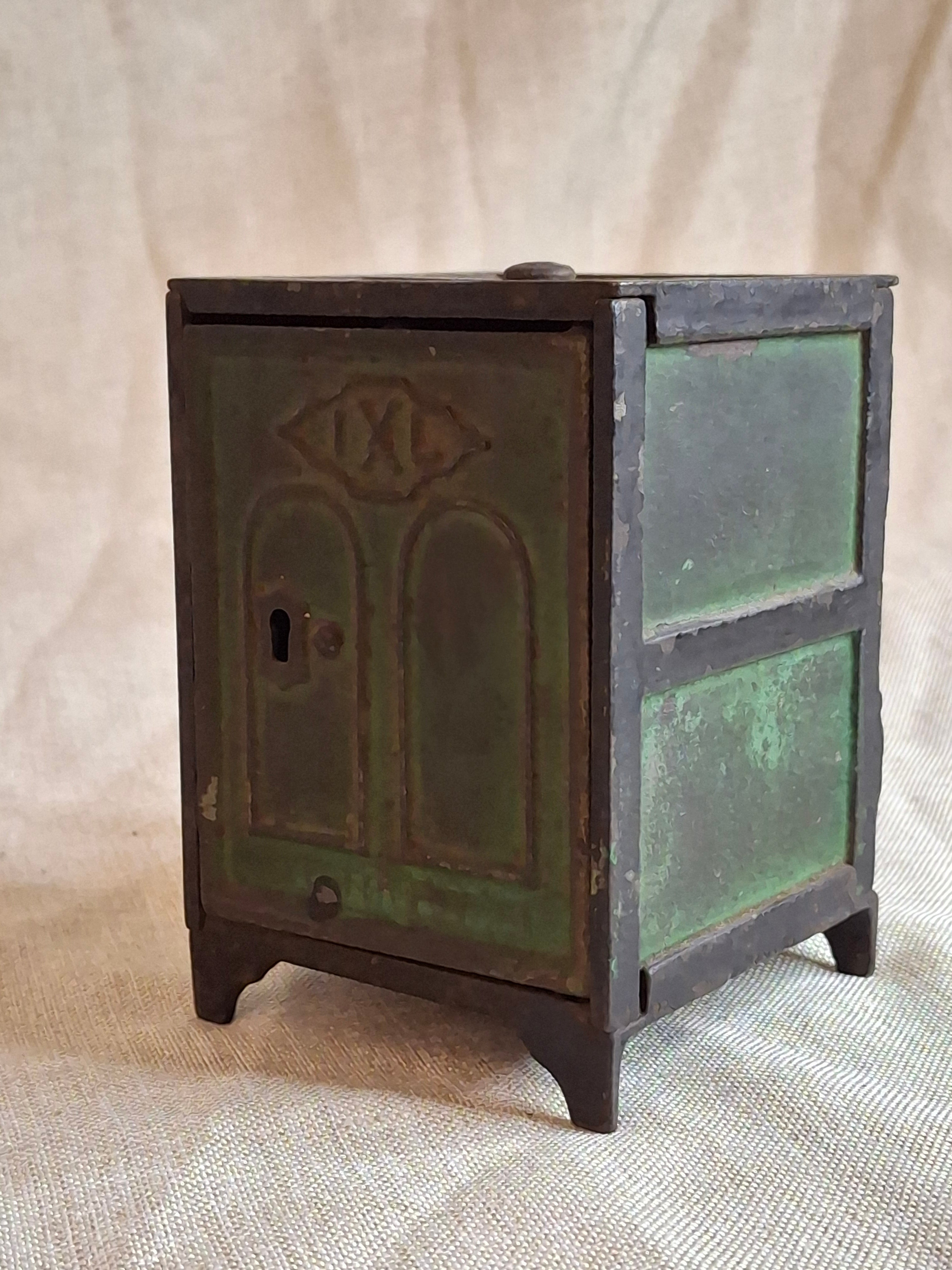 Antique J. & E. Stevens IXL Cast Iron Safe Still Bank c. 1880s - Original Green Paint