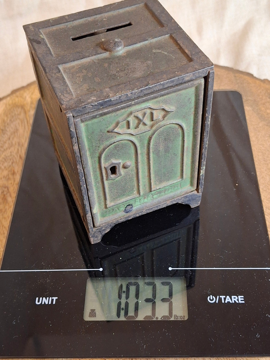Antique J. & E. Stevens IXL Cast Iron Safe Still Bank c. 1880s - Original Green Paint