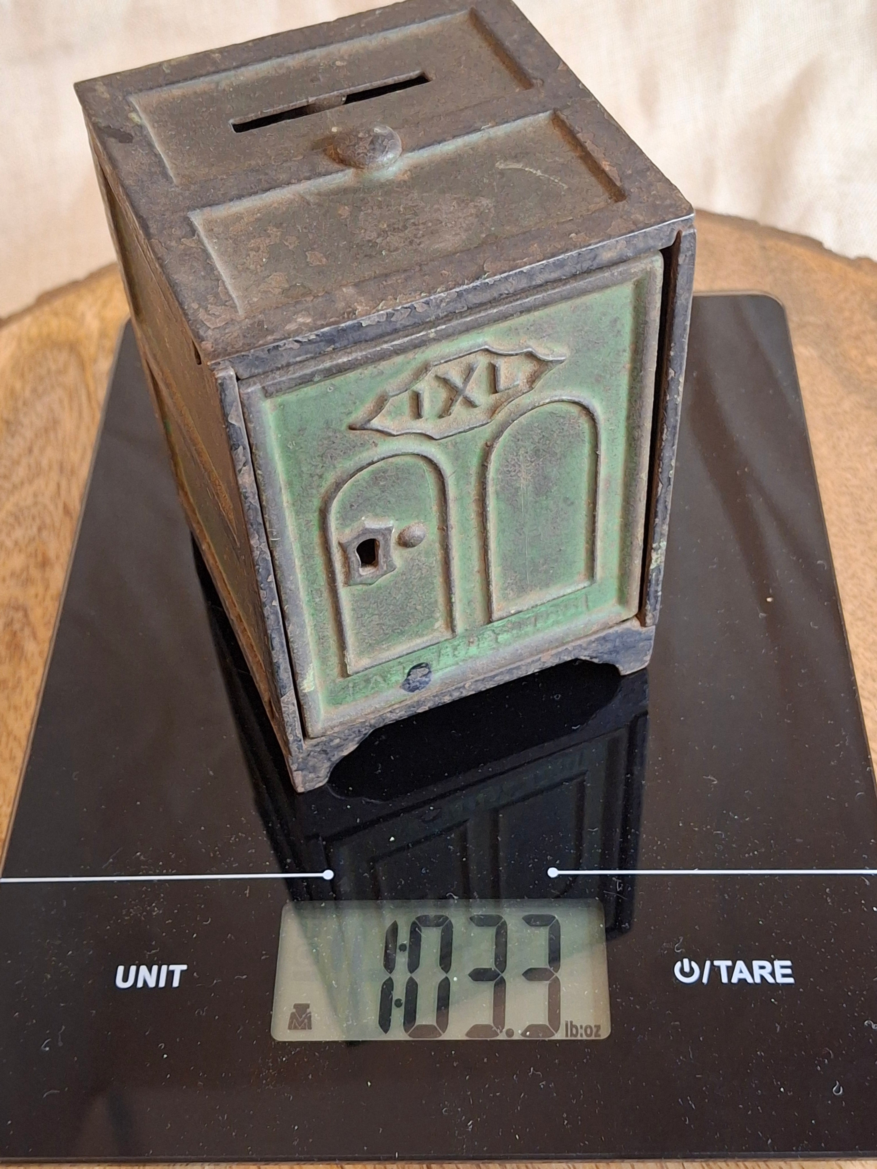 Antique J. & E. Stevens IXL Cast Iron Safe Still Bank c. 1880s - Original Green Paint