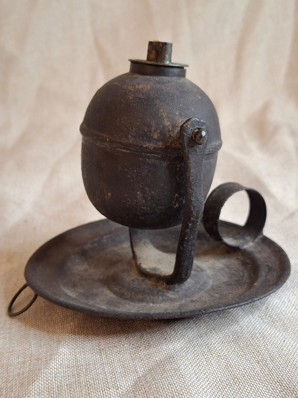 Antique 19thC Gimbaled Whale Oil Sparking Lamp - Tin & Cast Iron - Double Wick Burner