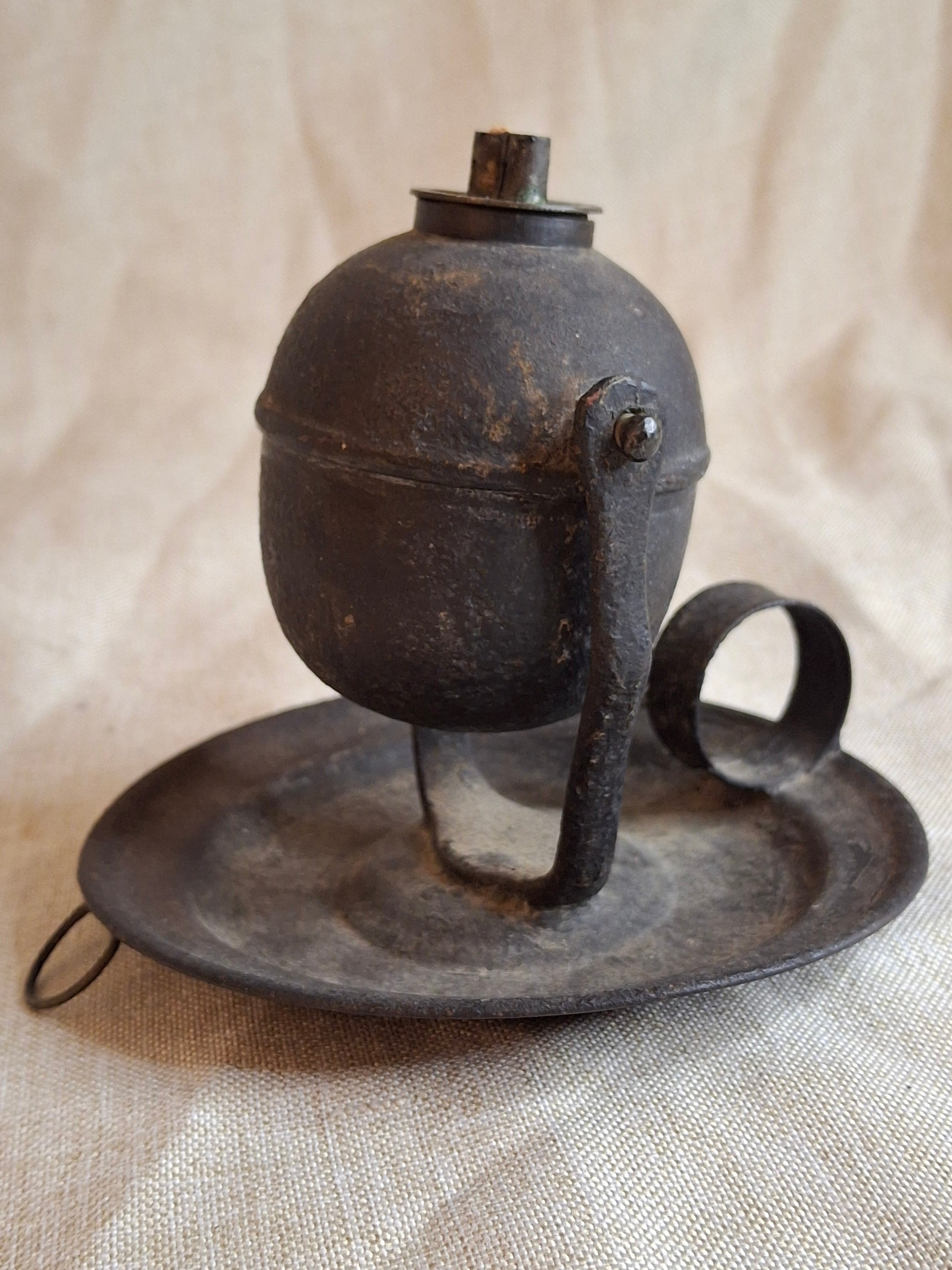 Antique 19thC Gimbaled Whale Oil Sparking Lamp - Tin & Cast Iron - Double Wick Burner