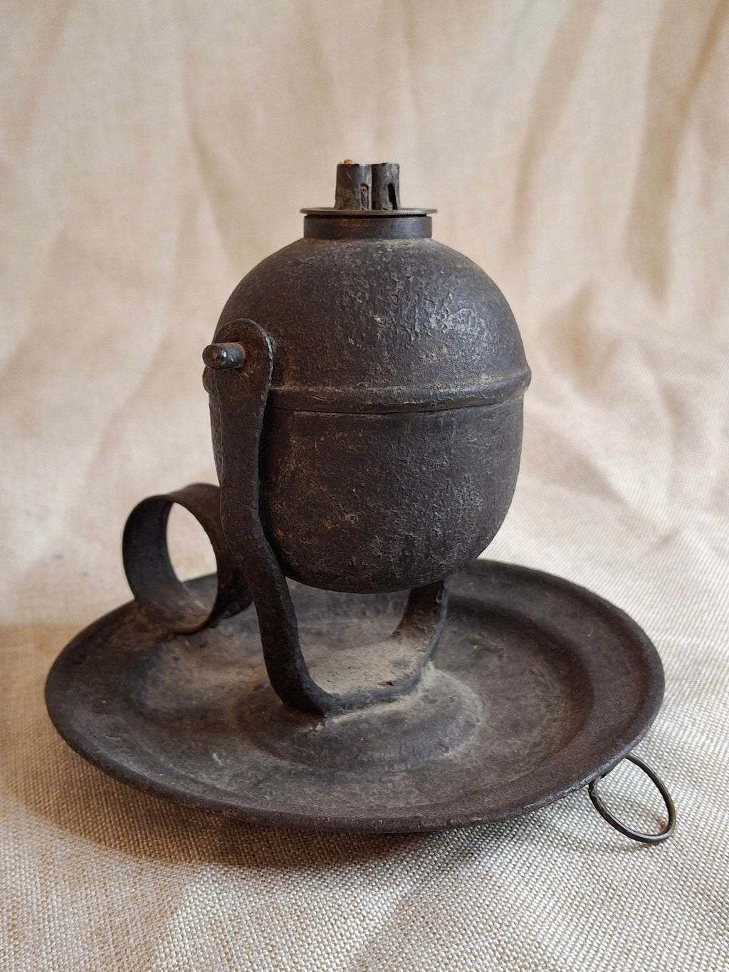 Antique 19thC Gimbaled Whale Oil Sparking Lamp - Tin & Cast Iron - Double Wick Burner
