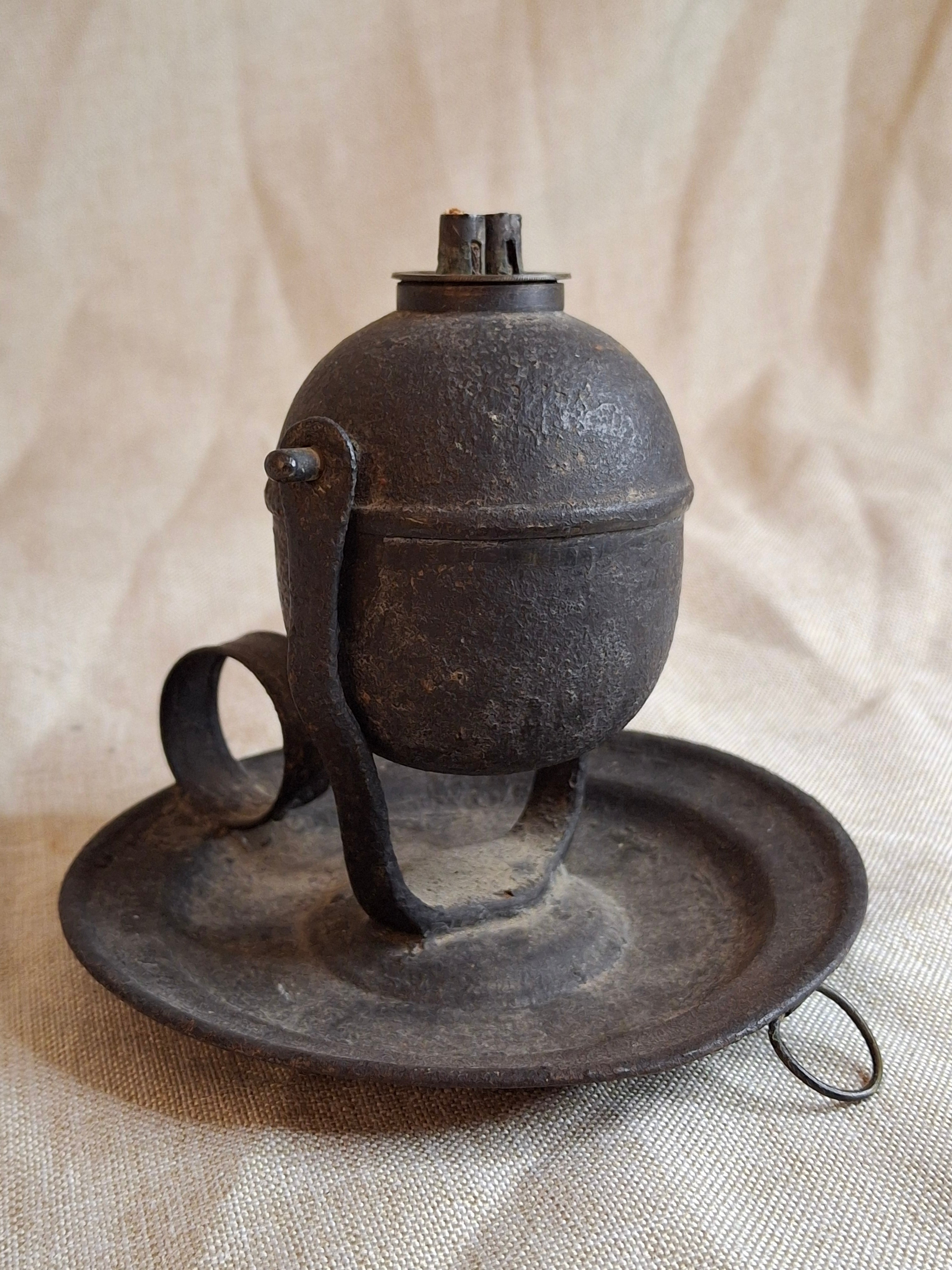 Antique 19thC Gimbaled Whale Oil Sparking Lamp - Tin & Cast Iron - Double Wick Burner