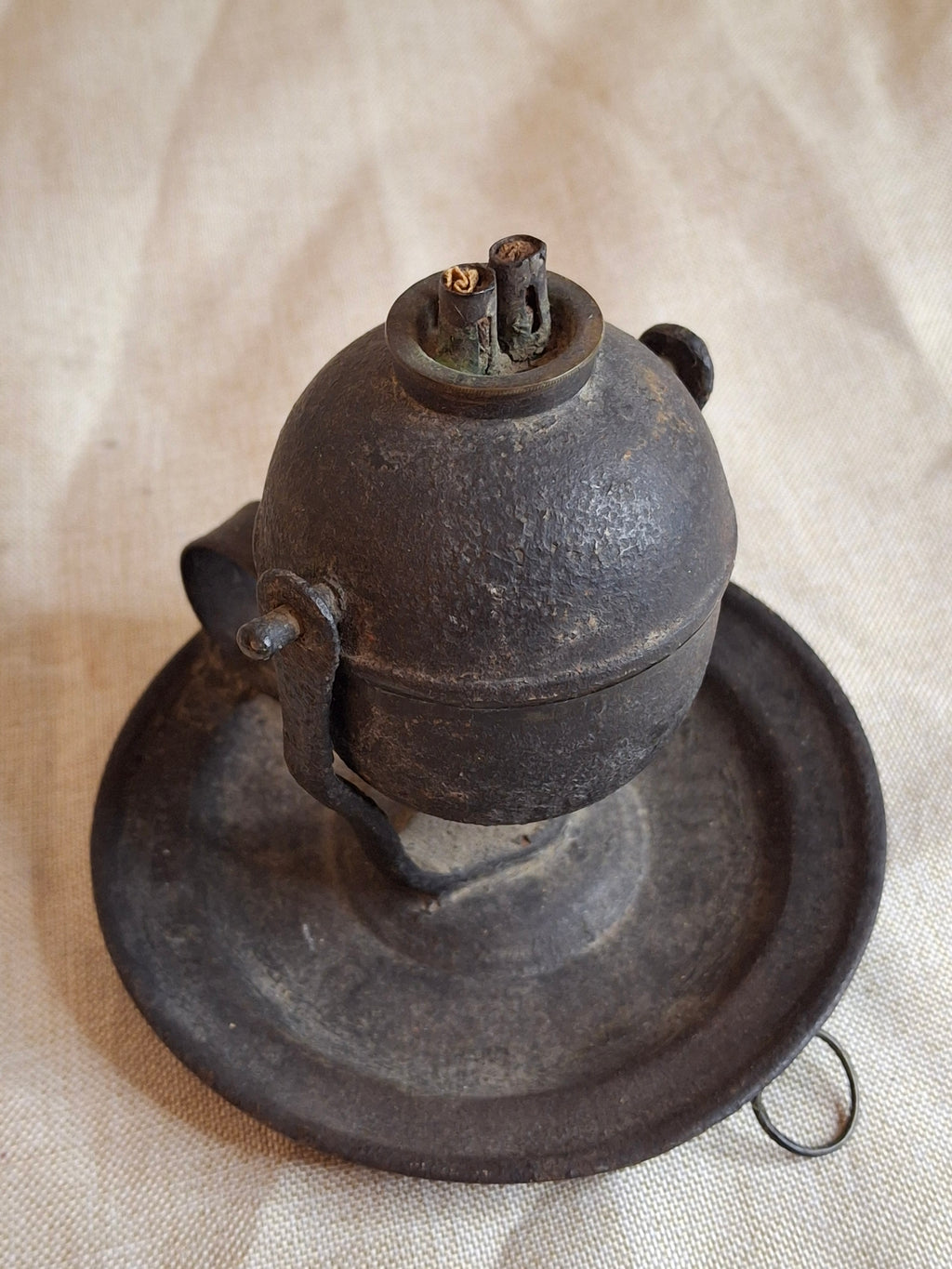 Antique 19thC Gimbaled Whale Oil Sparking Lamp - Tin & Cast Iron - Double Wick Burner