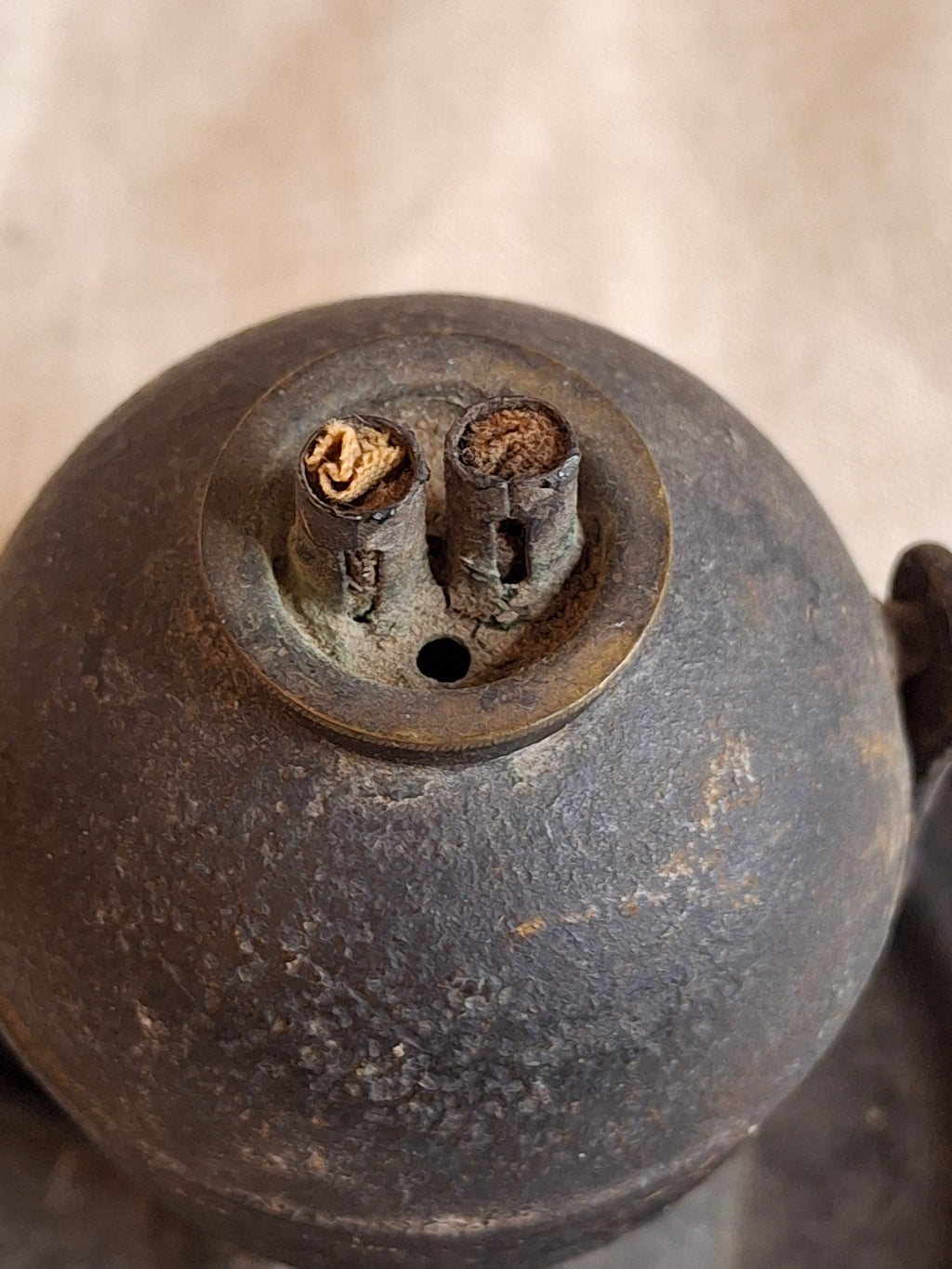 Antique 19thC Gimbaled Whale Oil Sparking Lamp - Tin & Cast Iron - Double Wick Burner