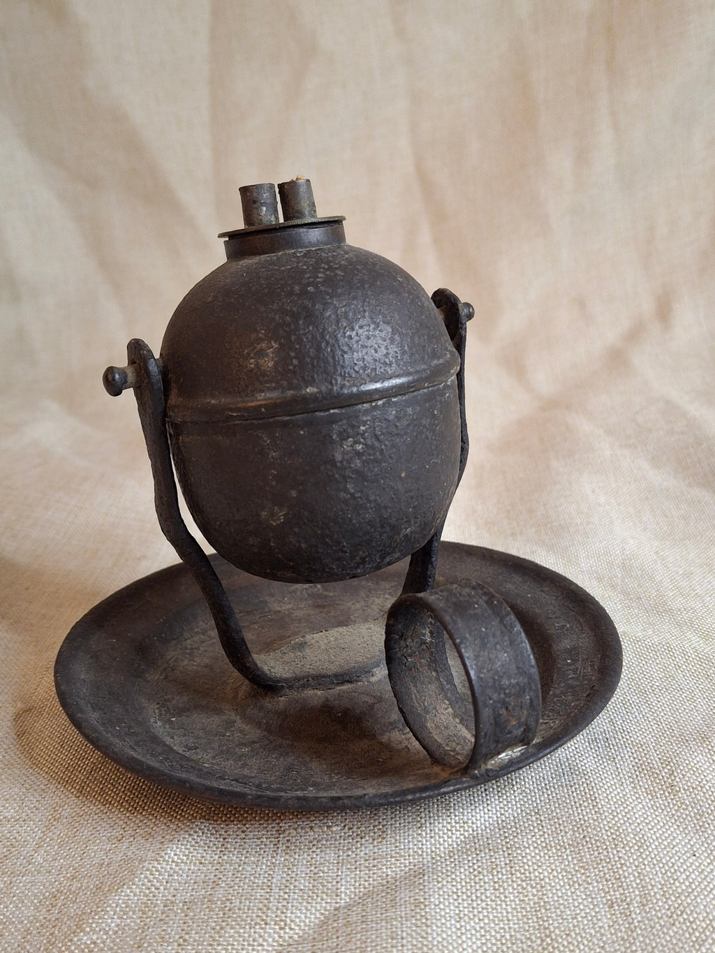 Antique 19thC Gimbaled Whale Oil Sparking Lamp - Tin & Cast Iron - Double Wick Burner