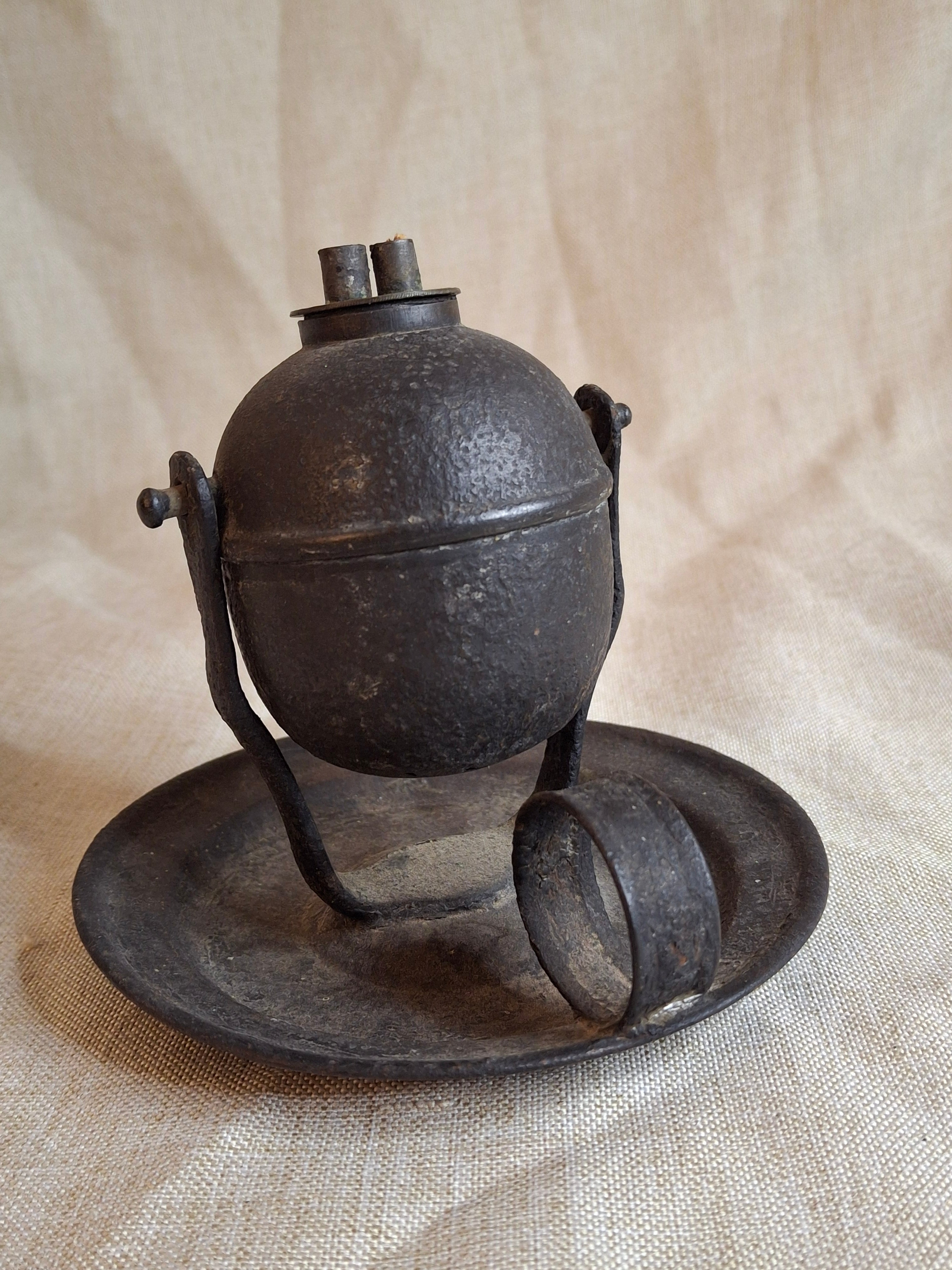 Antique 19thC Gimbaled Whale Oil Sparking Lamp - Tin & Cast Iron - Double Wick Burner