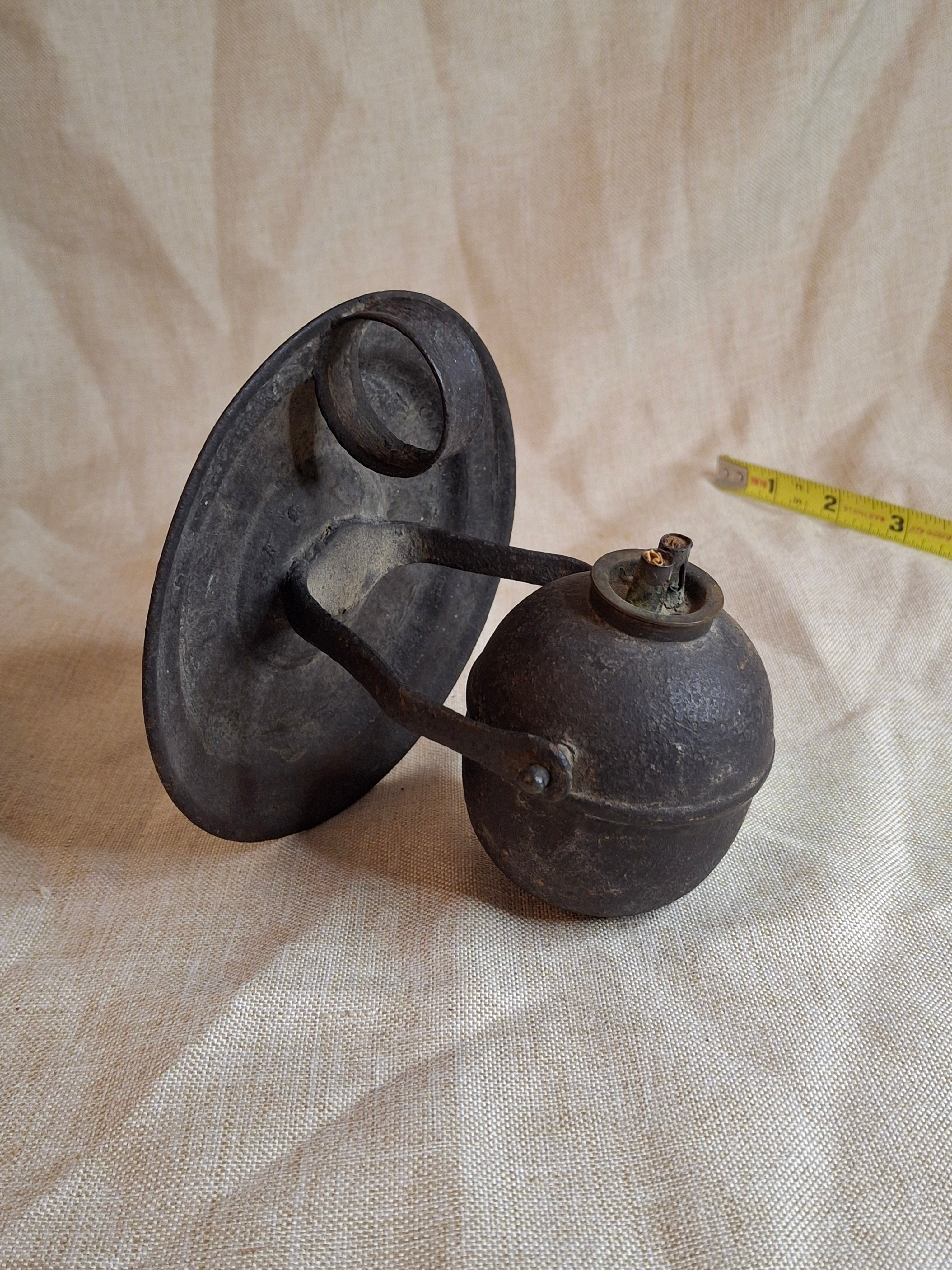 Antique 19thC Gimbaled Whale Oil Sparking Lamp - Tin & Cast Iron - Double Wick Burner