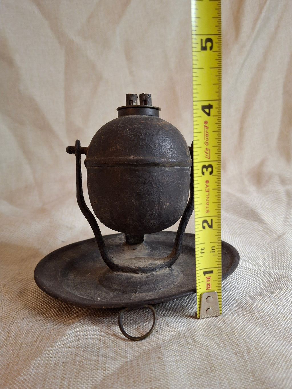 Antique 19thC Gimbaled Whale Oil Sparking Lamp - Tin & Cast Iron - Double Wick Burner