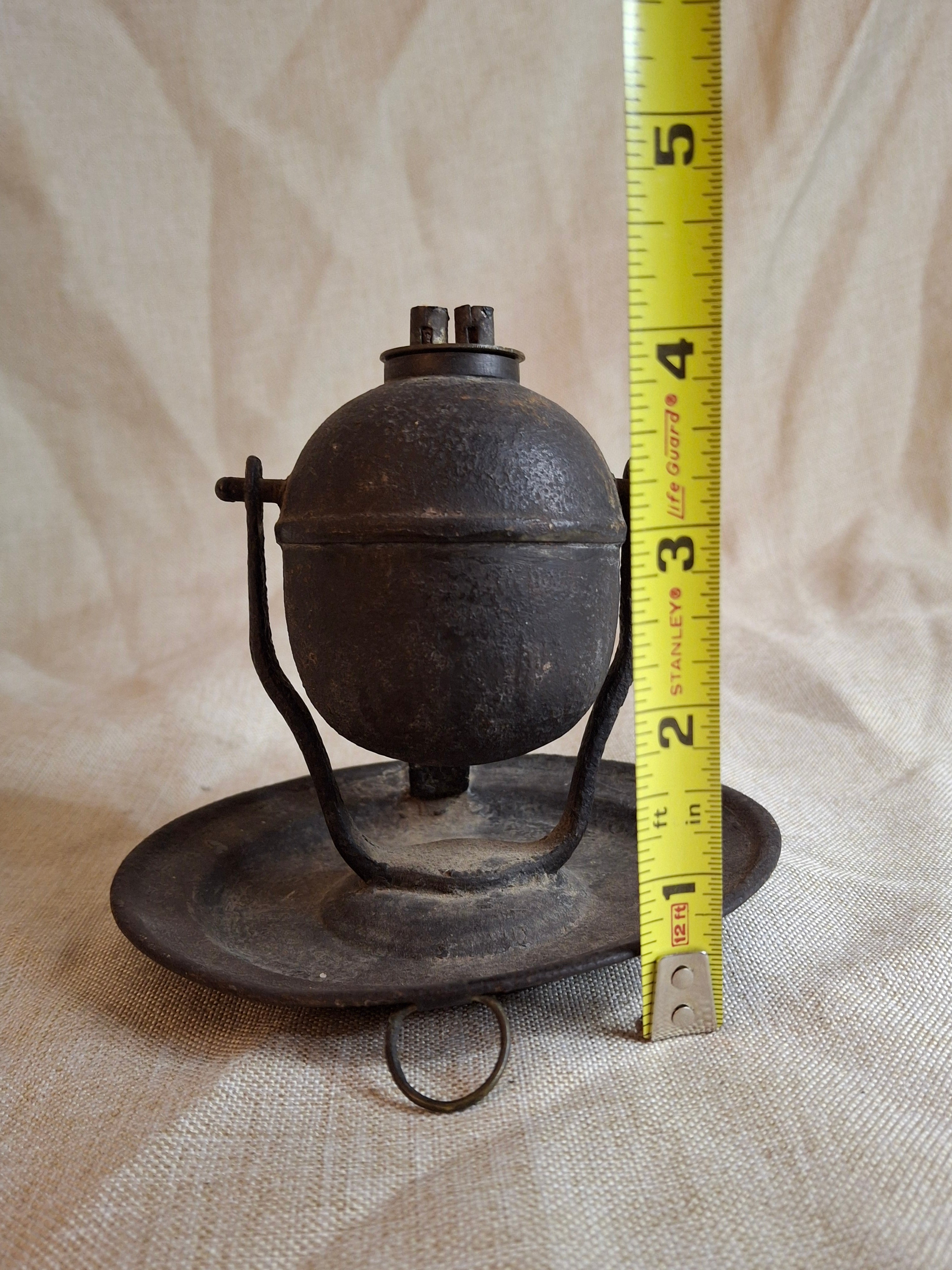 Antique 19thC Gimbaled Whale Oil Sparking Lamp - Tin & Cast Iron - Double Wick Burner