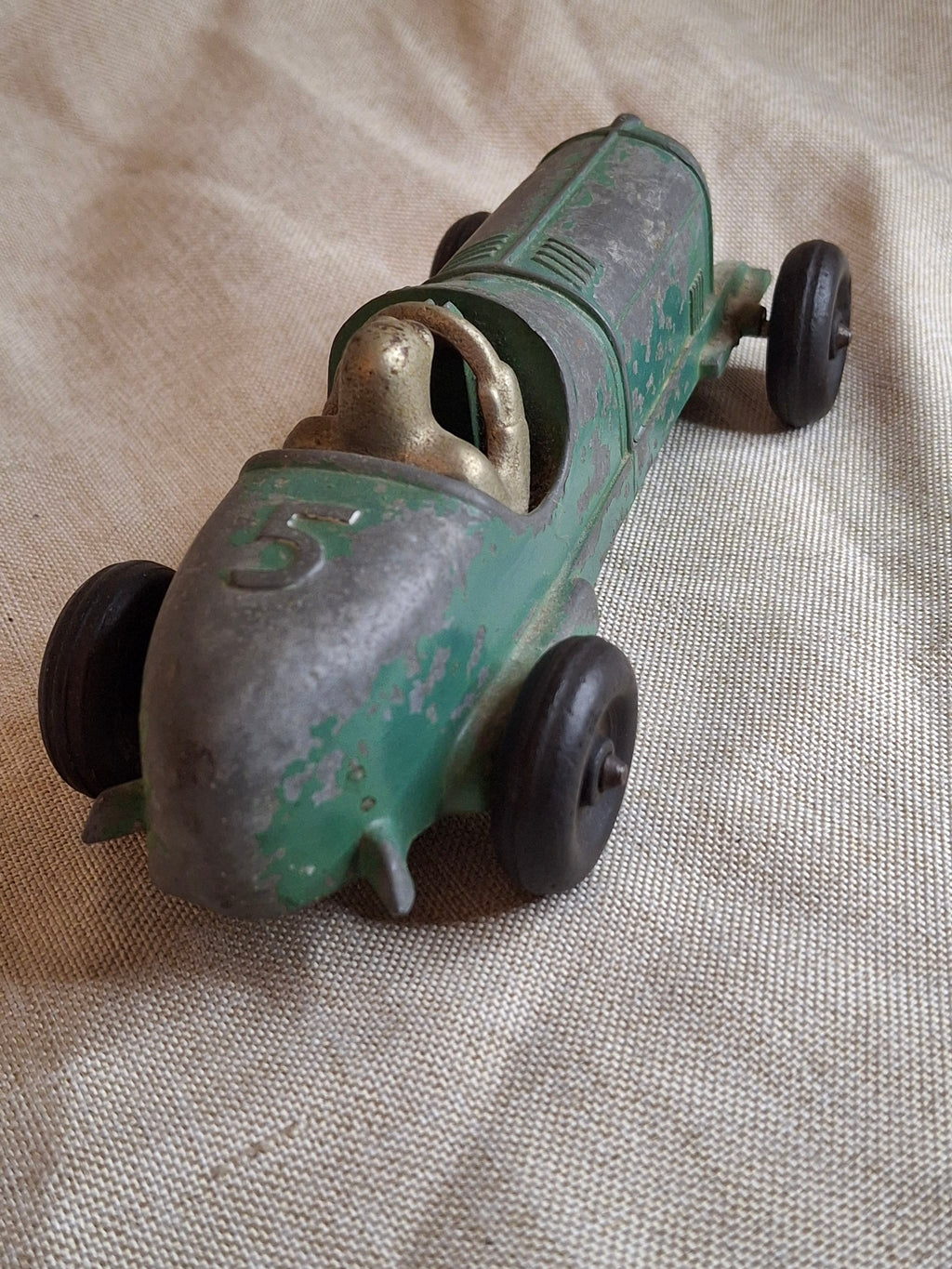 Vintage Hubley Kiddie Toy No. 457 Die-Cast #5 Race Car Green 6.75" USA 1940s