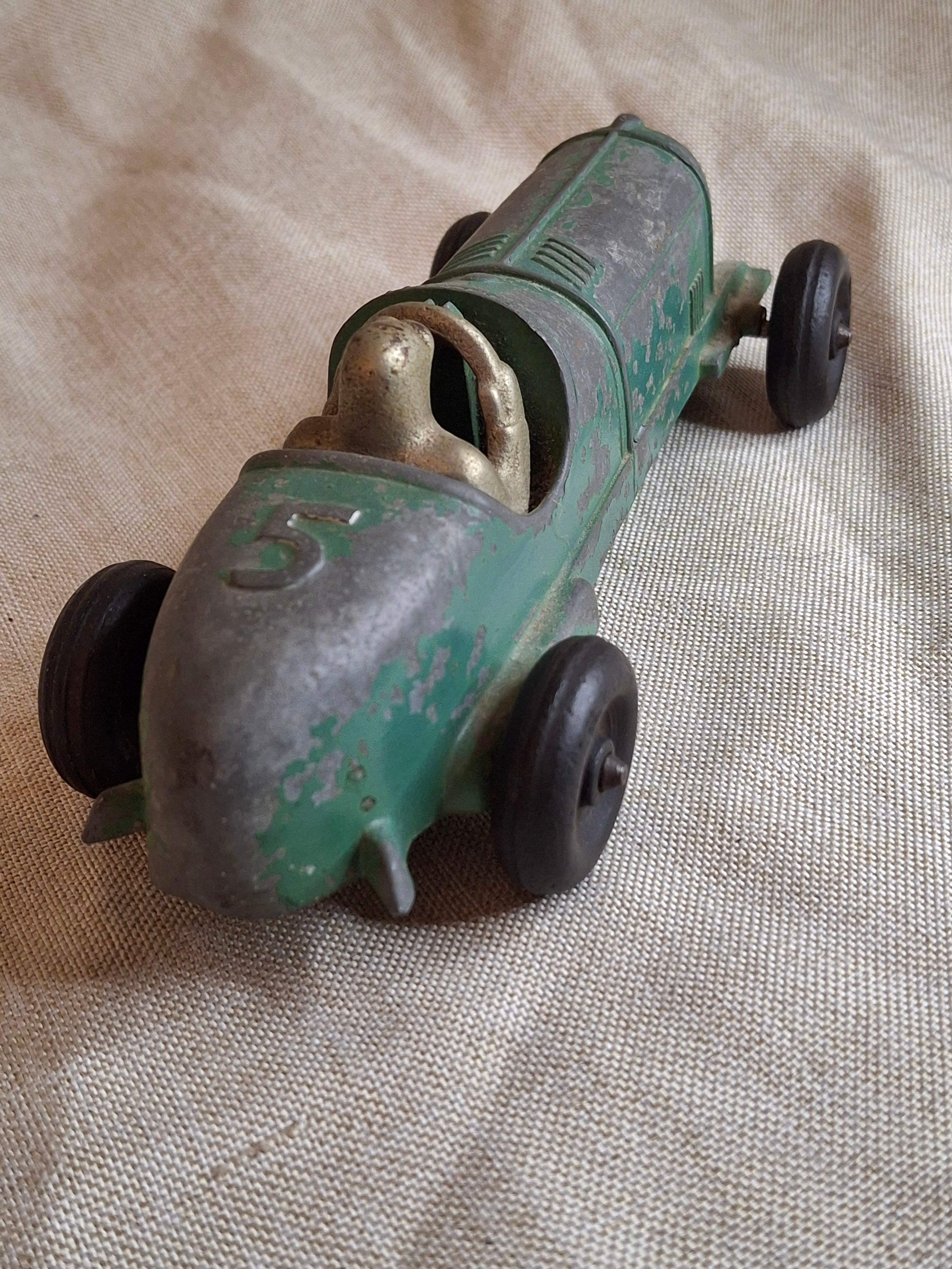 Vintage Hubley Kiddie Toy No. 457 Die-Cast #5 Race Car Green 6.75" USA 1940s