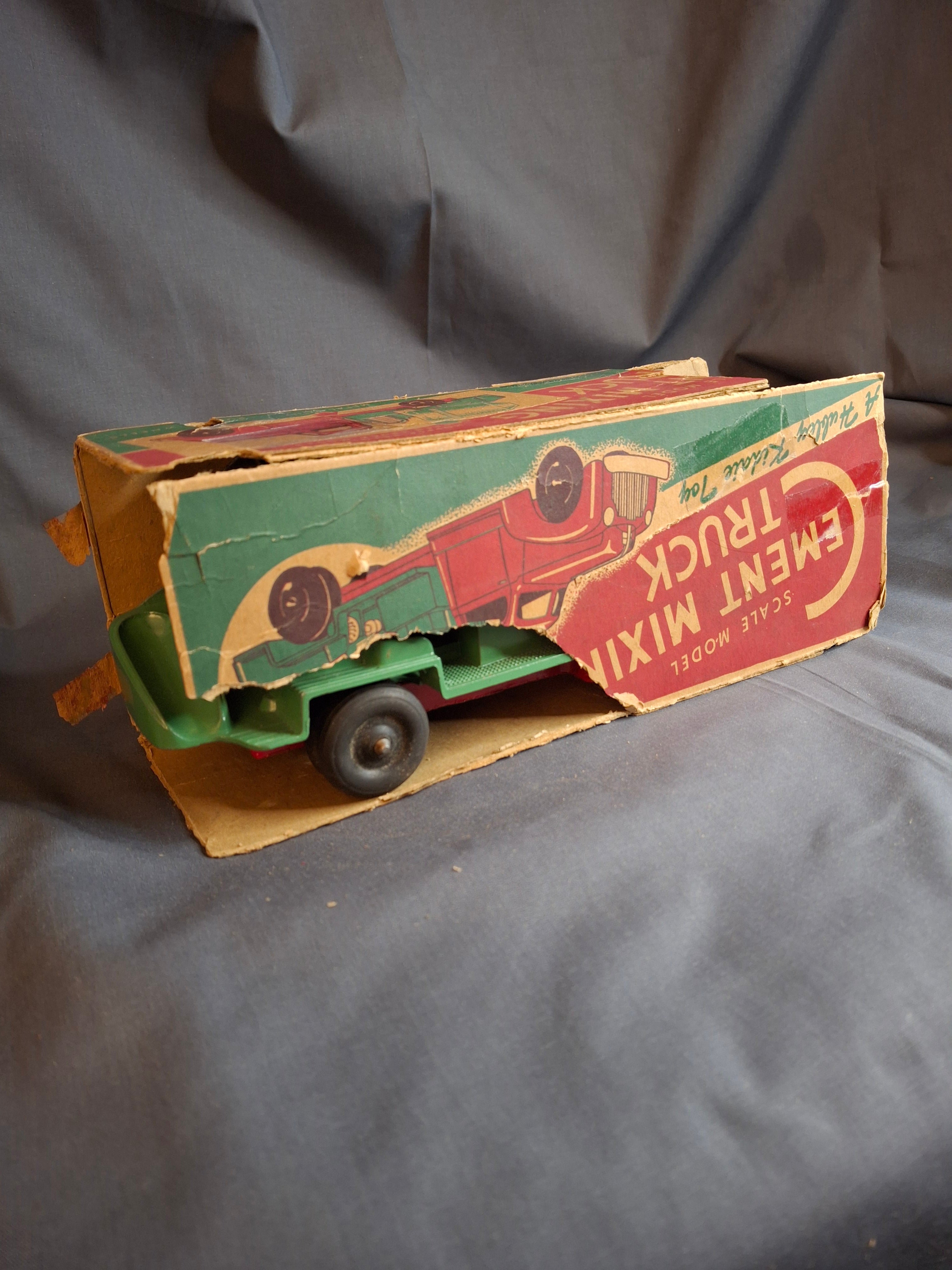 Vintage Hubley Kiddie Toy No. 470 Cement Mixing Truck with Original Box | 1940s Die-Cast Red & Green Mixer | Lancaster, PA USA