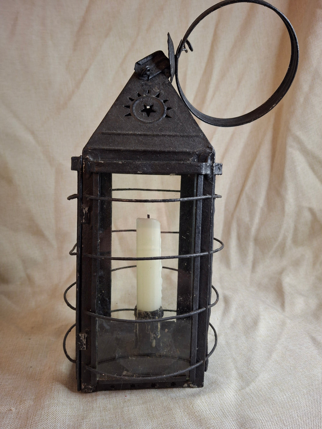 15.5" Antique 19thC Large Guarded Tin Candle Lantern Star Punched Primitive Patina