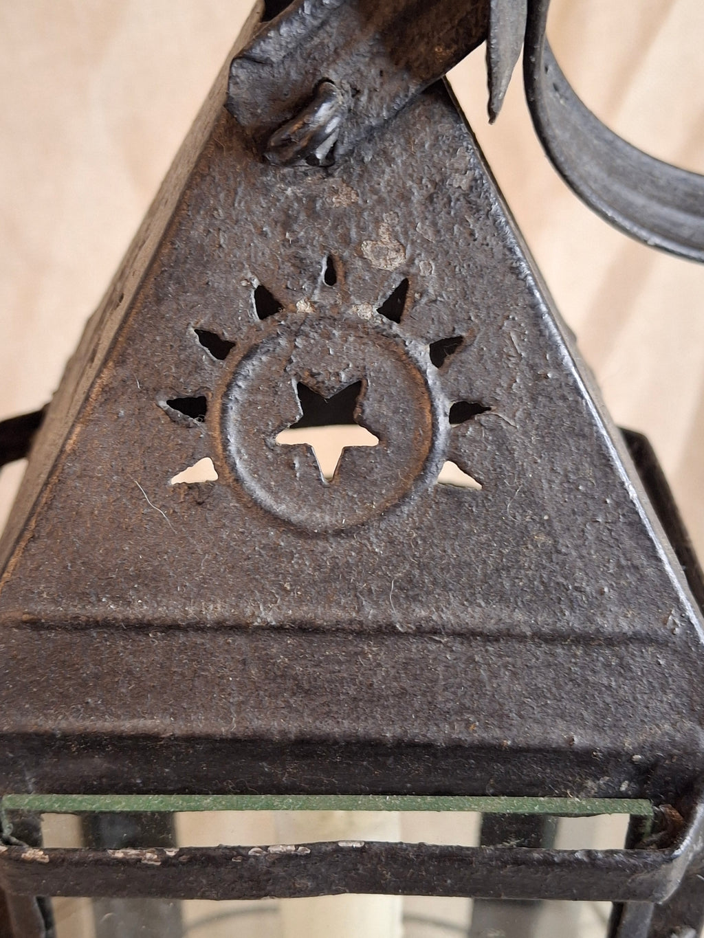 15.5" Antique 19thC Large Guarded Tin Candle Lantern Star Punched Primitive Patina
