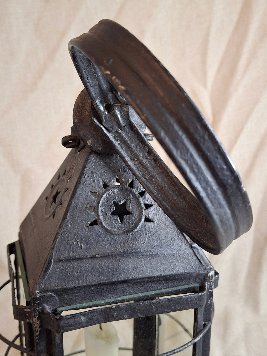 15.5" Antique 19thC Large Guarded Tin Candle Lantern Star Punched Primitive Patina