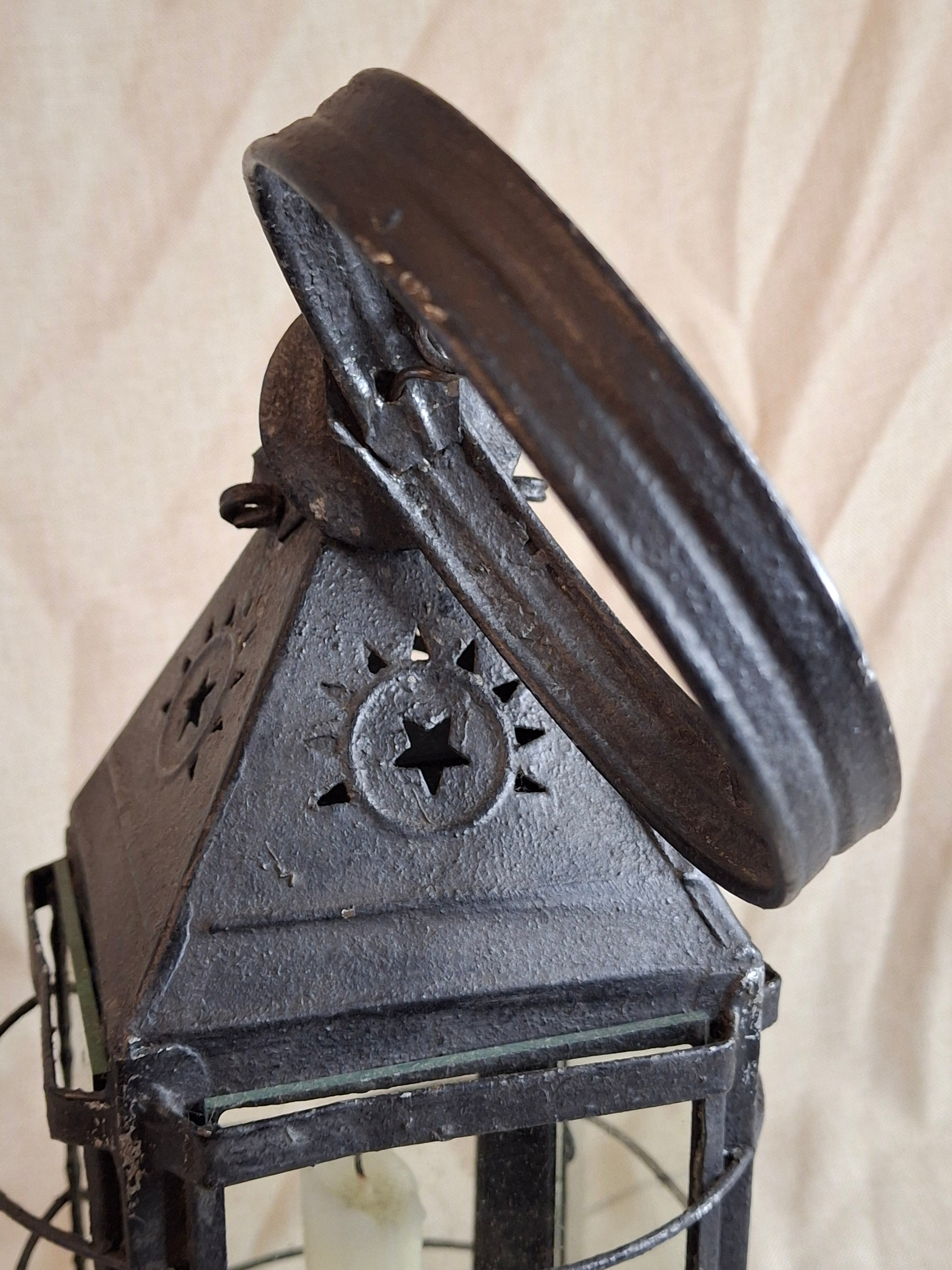 15.5" Antique 19thC Large Guarded Tin Candle Lantern Star Punched Primitive Patina