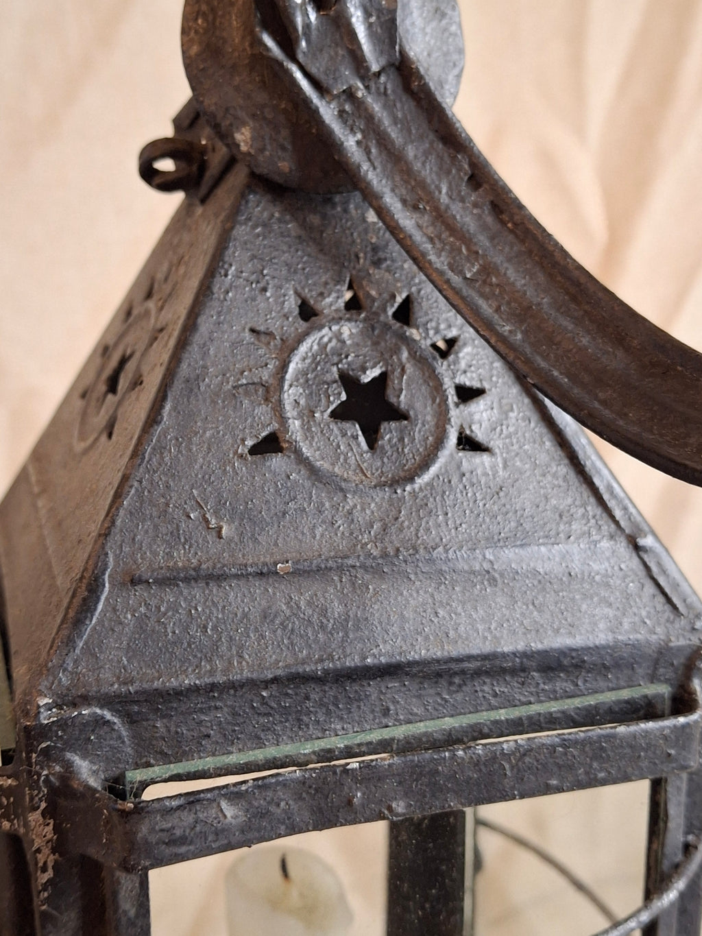 15.5" Antique 19thC Large Guarded Tin Candle Lantern Star Punched Primitive Patina