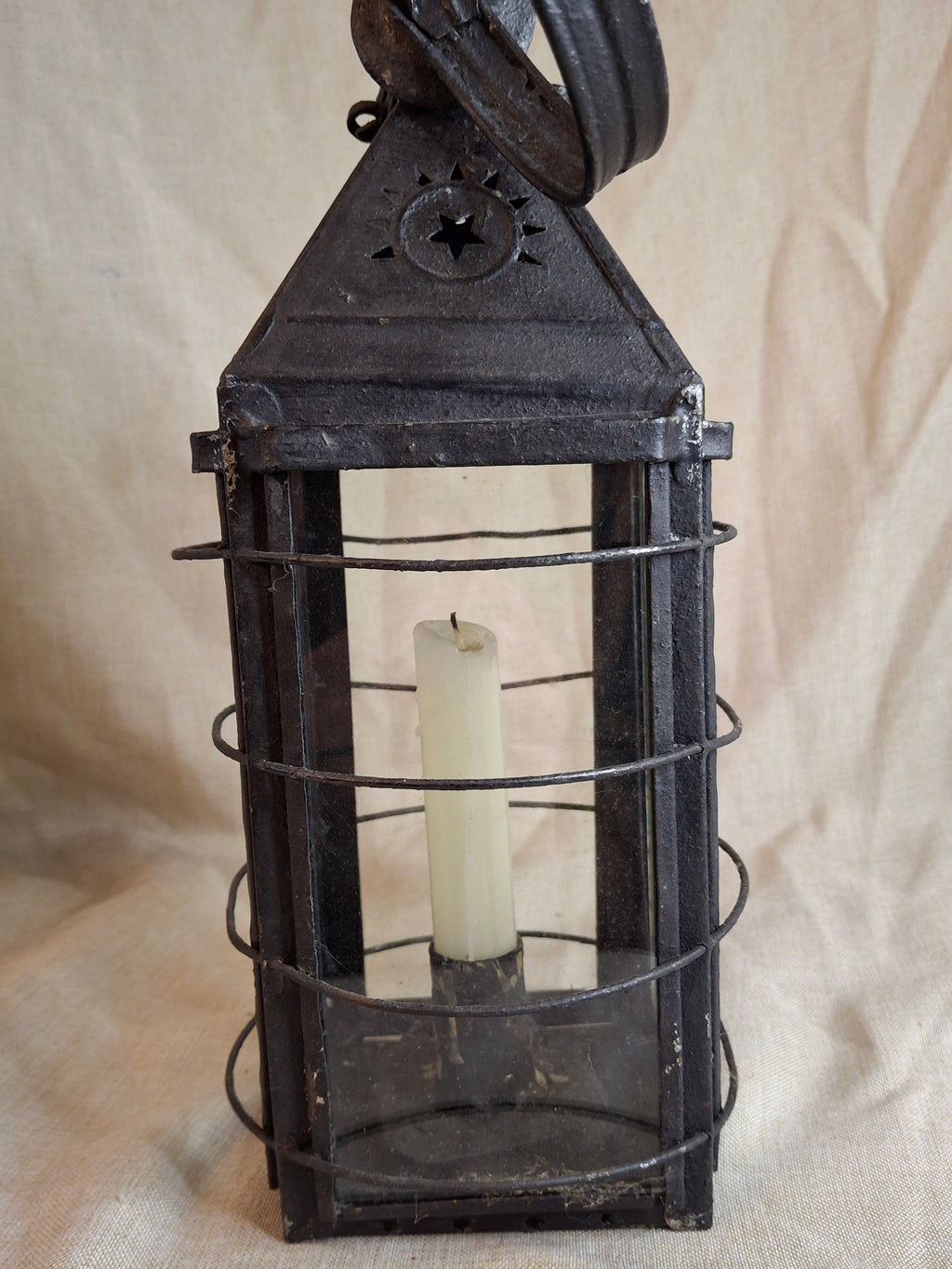 15.5" Antique 19thC Large Guarded Tin Candle Lantern Star Punched Primitive Patina