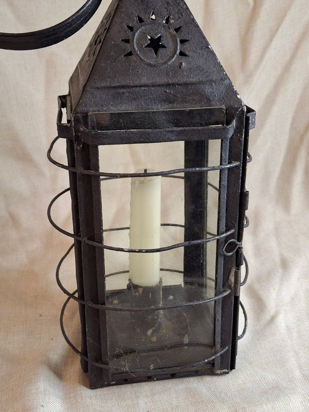 15.5" Antique 19thC Large Guarded Tin Candle Lantern Star Punched Primitive Patina