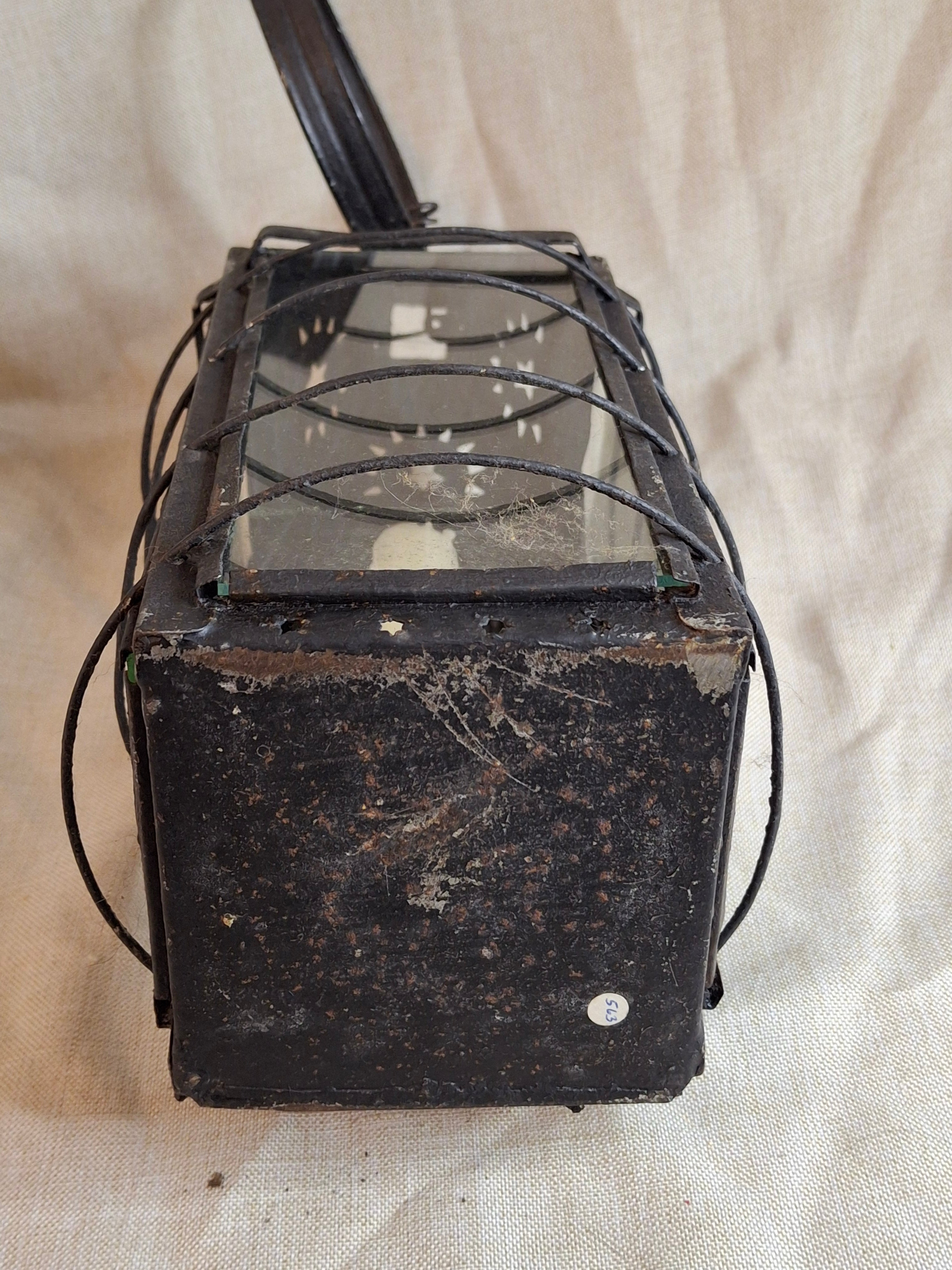 15.5" Antique 19thC Large Guarded Tin Candle Lantern Star Punched Primitive Patina