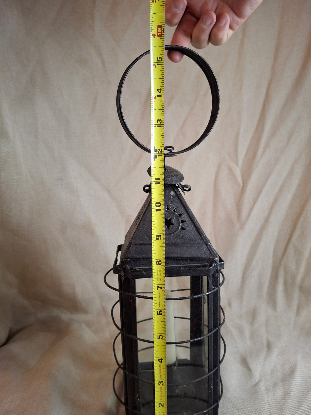 15.5" Antique 19thC Large Guarded Tin Candle Lantern Star Punched Primitive Patina