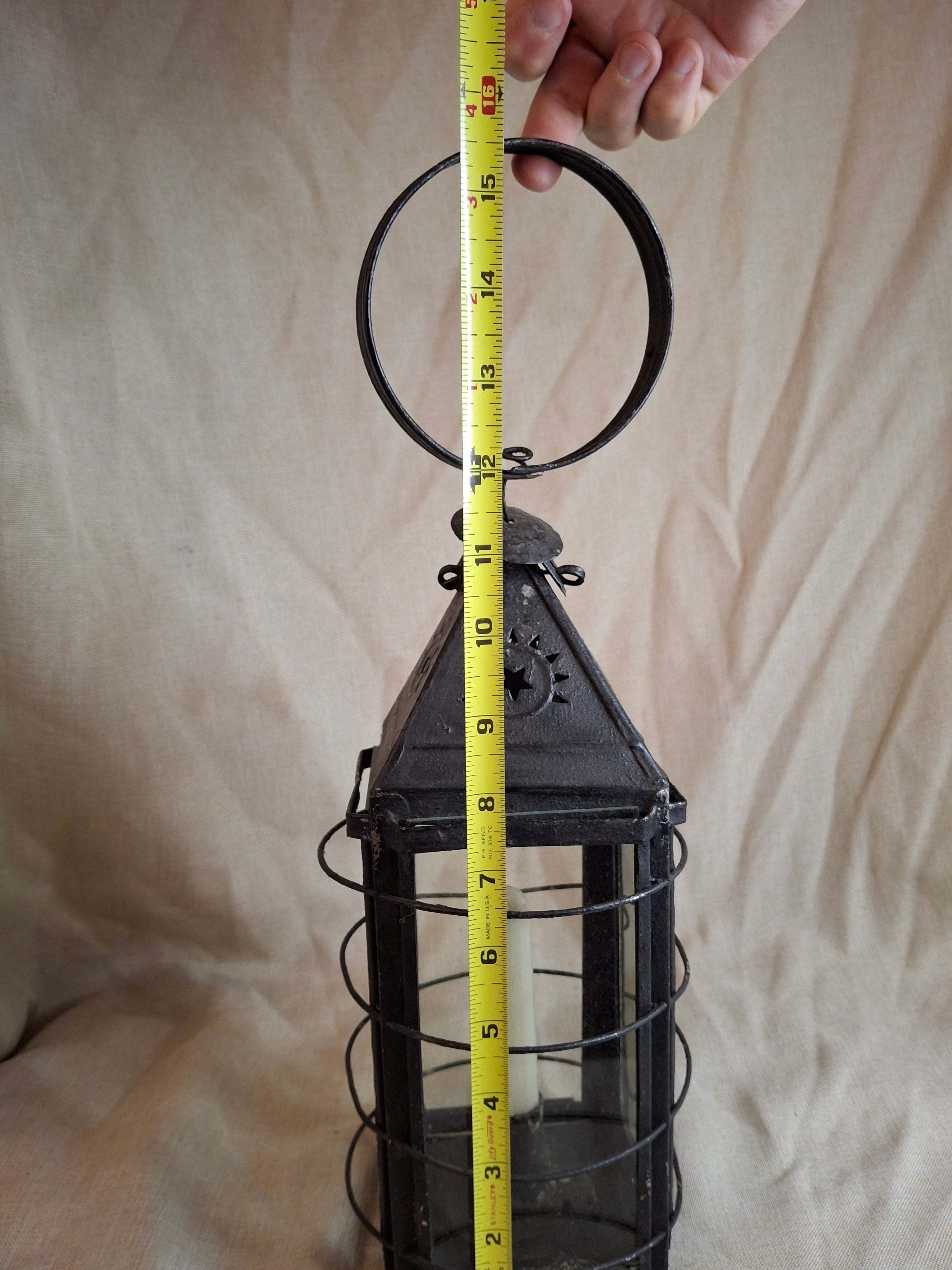 15.5" Antique 19thC Large Guarded Tin Candle Lantern Star Punched Primitive Patina