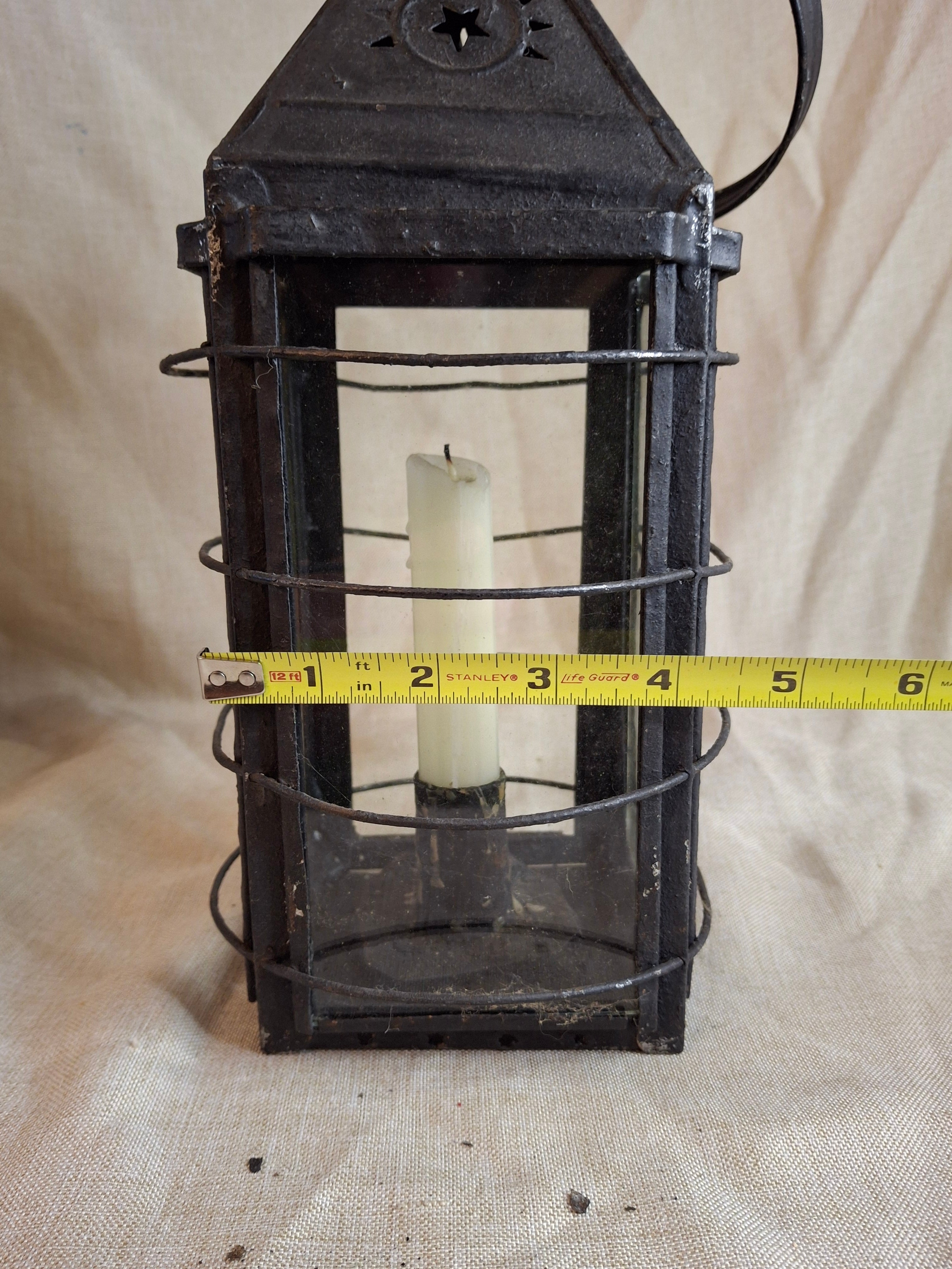 15.5" Antique 19thC Large Guarded Tin Candle Lantern Star Punched Primitive Patina