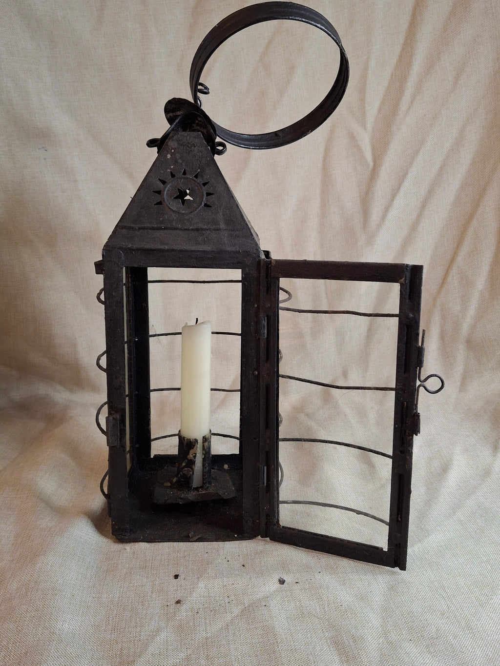 15.5" Antique 19thC Large Guarded Tin Candle Lantern Star Punched Primitive Patina