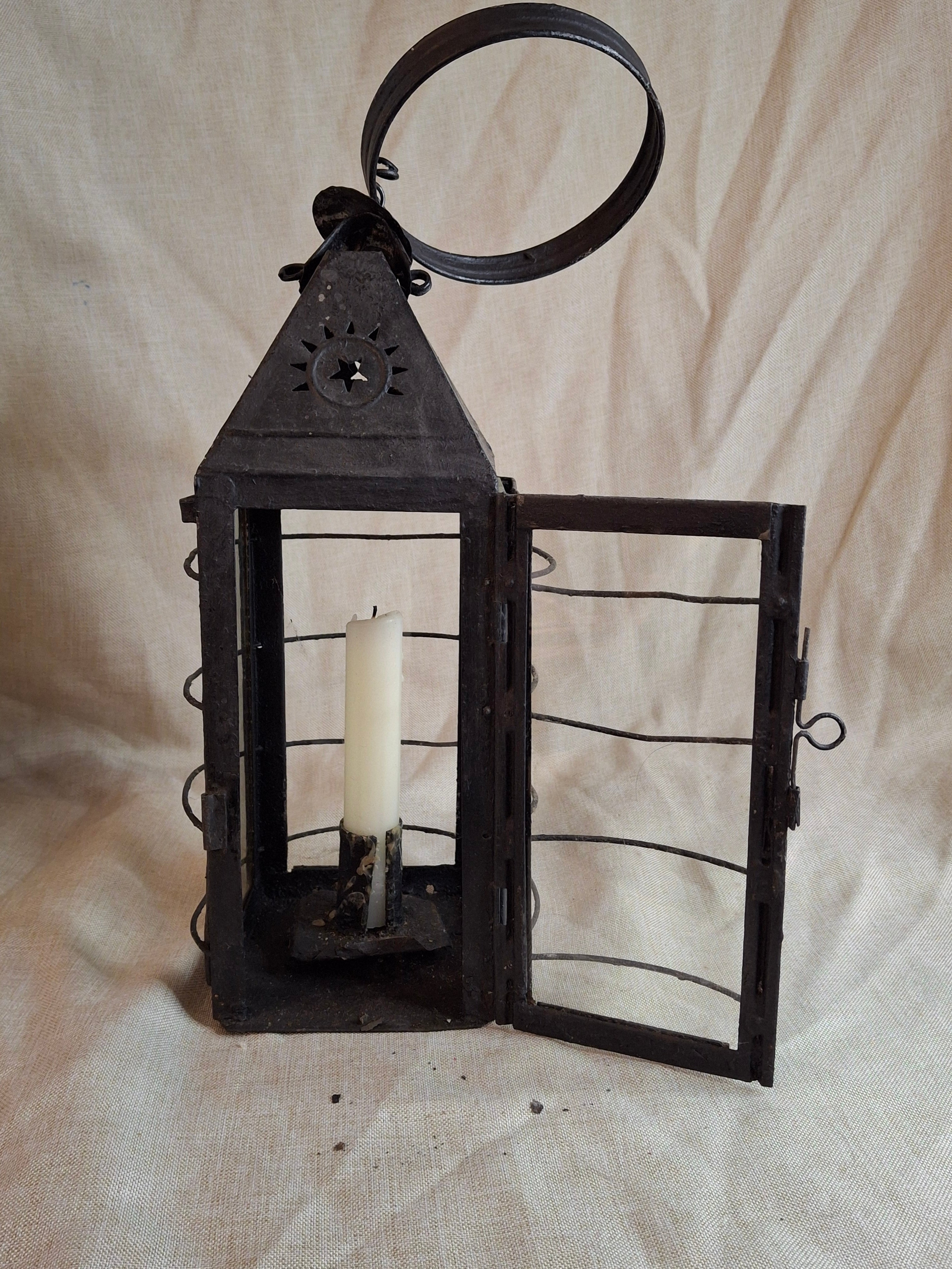 15.5" Antique 19thC Large Guarded Tin Candle Lantern Star Punched Primitive Patina