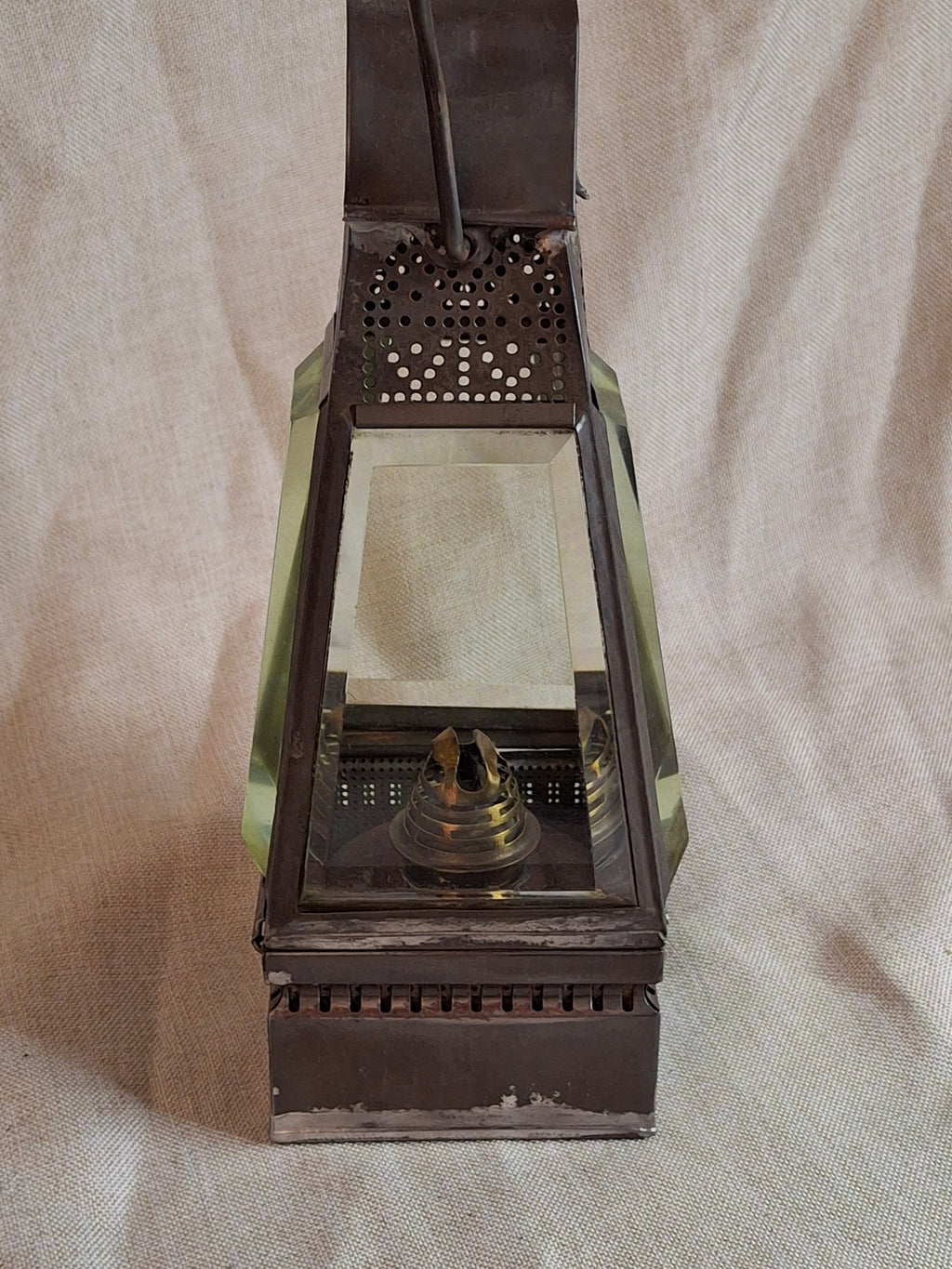 Antique Holmes Booth & Haydens Bevelled Glass Skater Lantern Triangular Kerosene 1870s