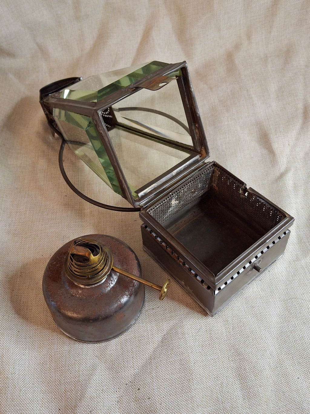 Antique Holmes Booth & Haydens Bevelled Glass Skater Lantern Triangular Kerosene 1870s