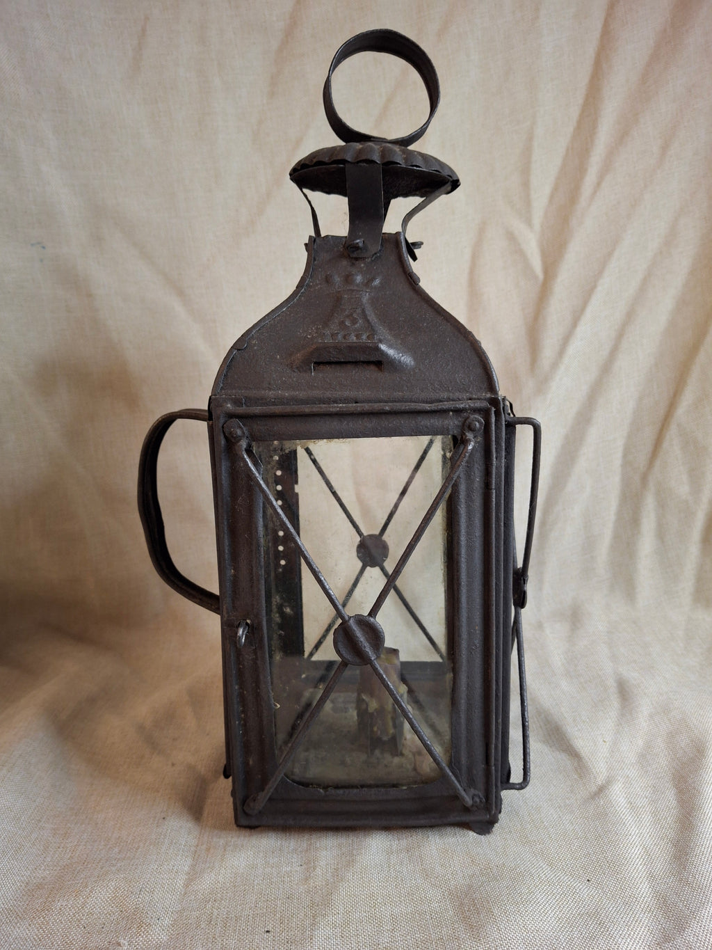 RARE 19thC Embossed Tower Candle Lantern - INTACT Two-Tab Locking Tray - X-Brace