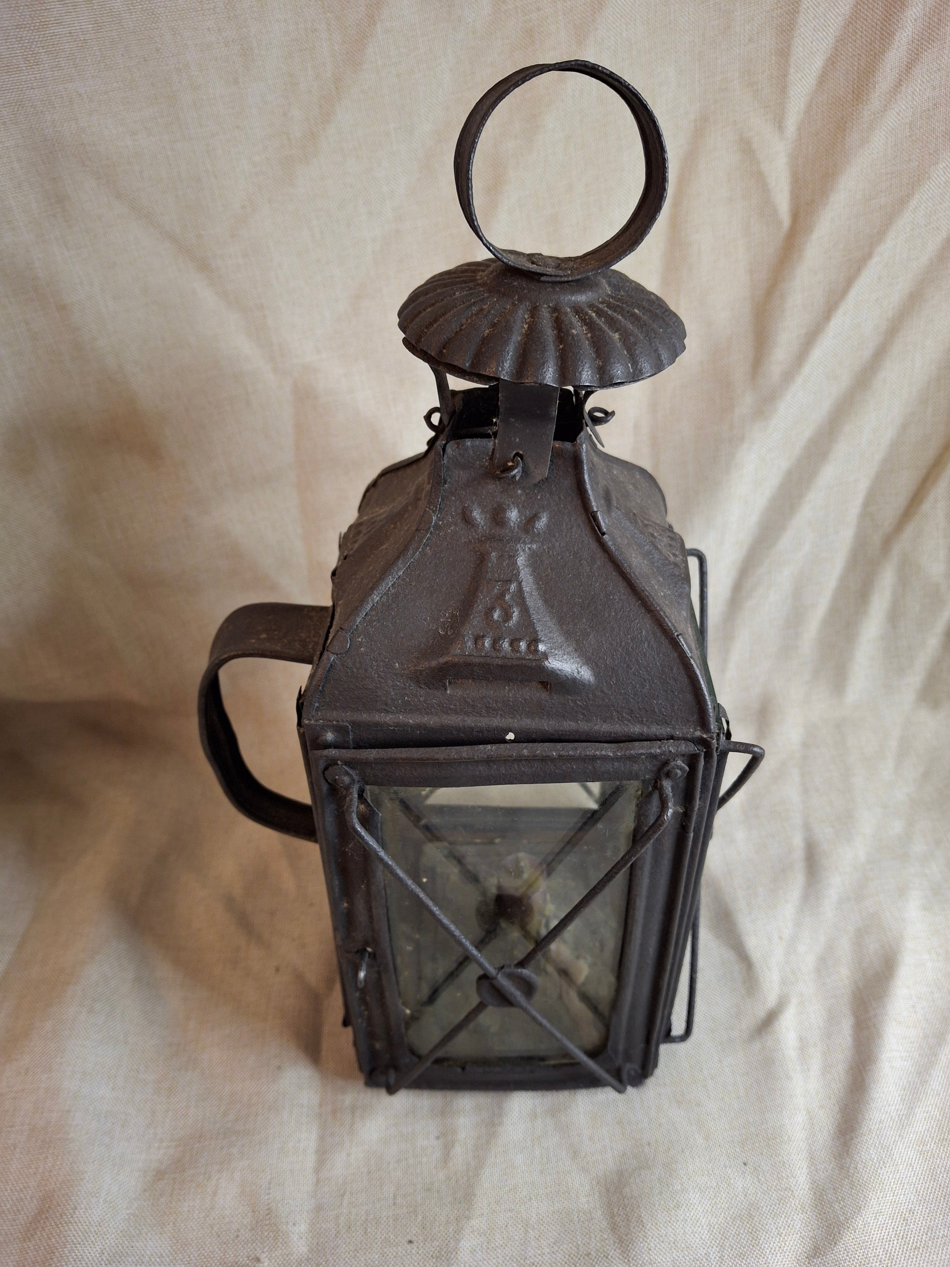 RARE 19thC Embossed Tower Candle Lantern - INTACT Two-Tab Locking Tray - X-Brace