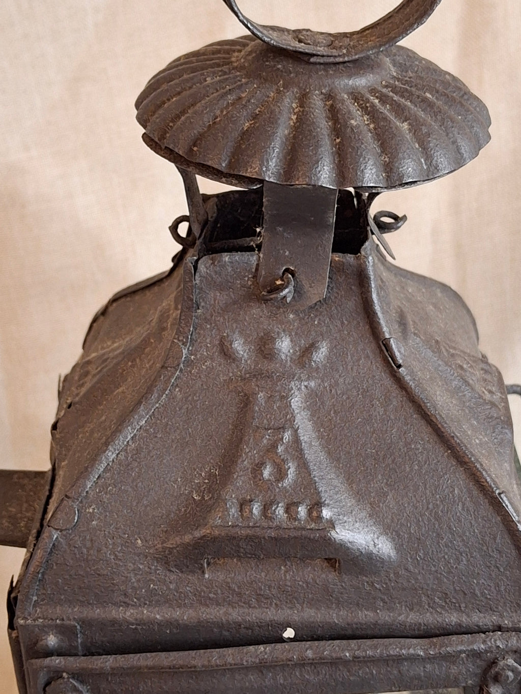 RARE 19thC Embossed Tower Candle Lantern - INTACT Two-Tab Locking Tray - X-Brace