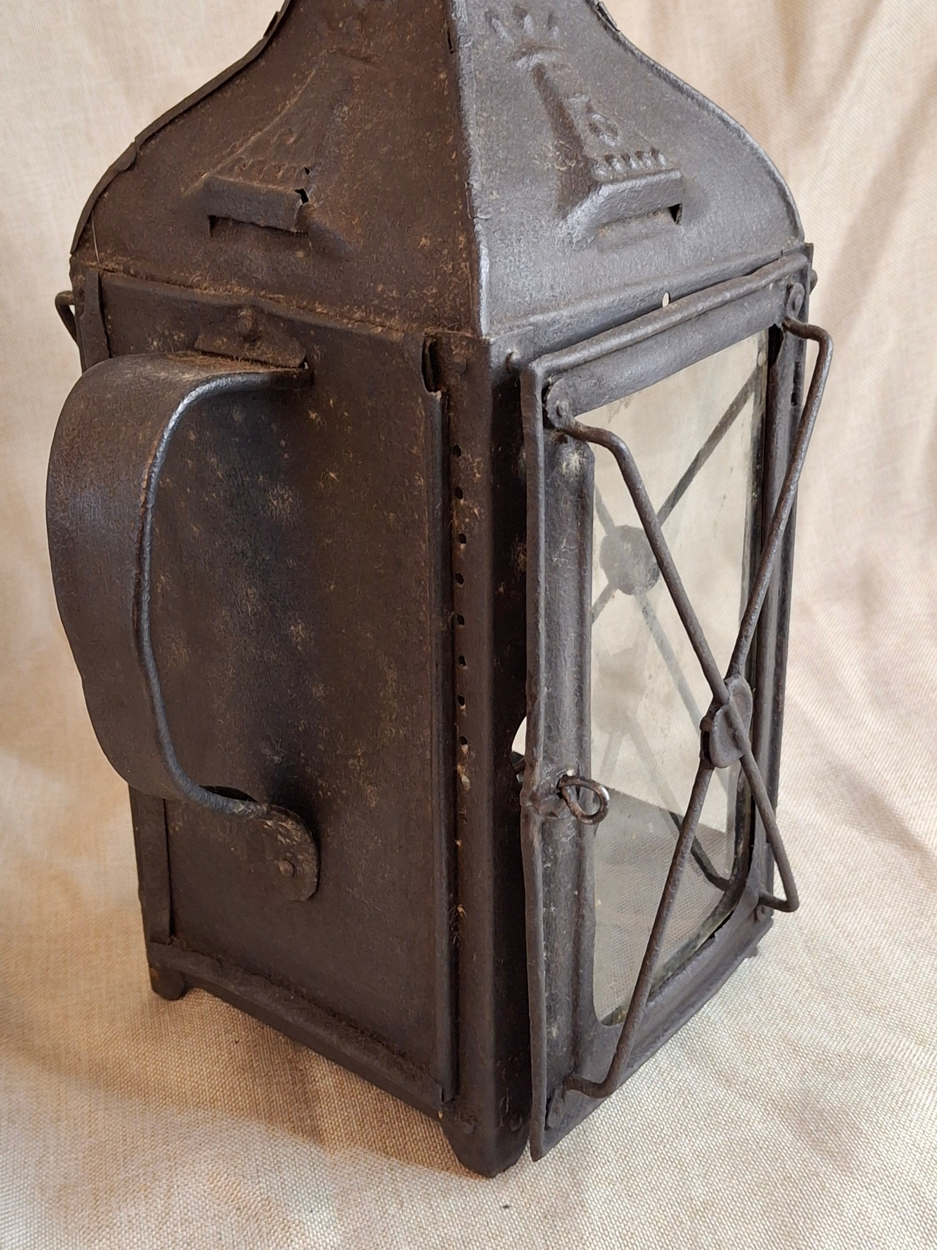 RARE 19thC Embossed Tower Candle Lantern - INTACT Two-Tab Locking Tray - X-Brace
