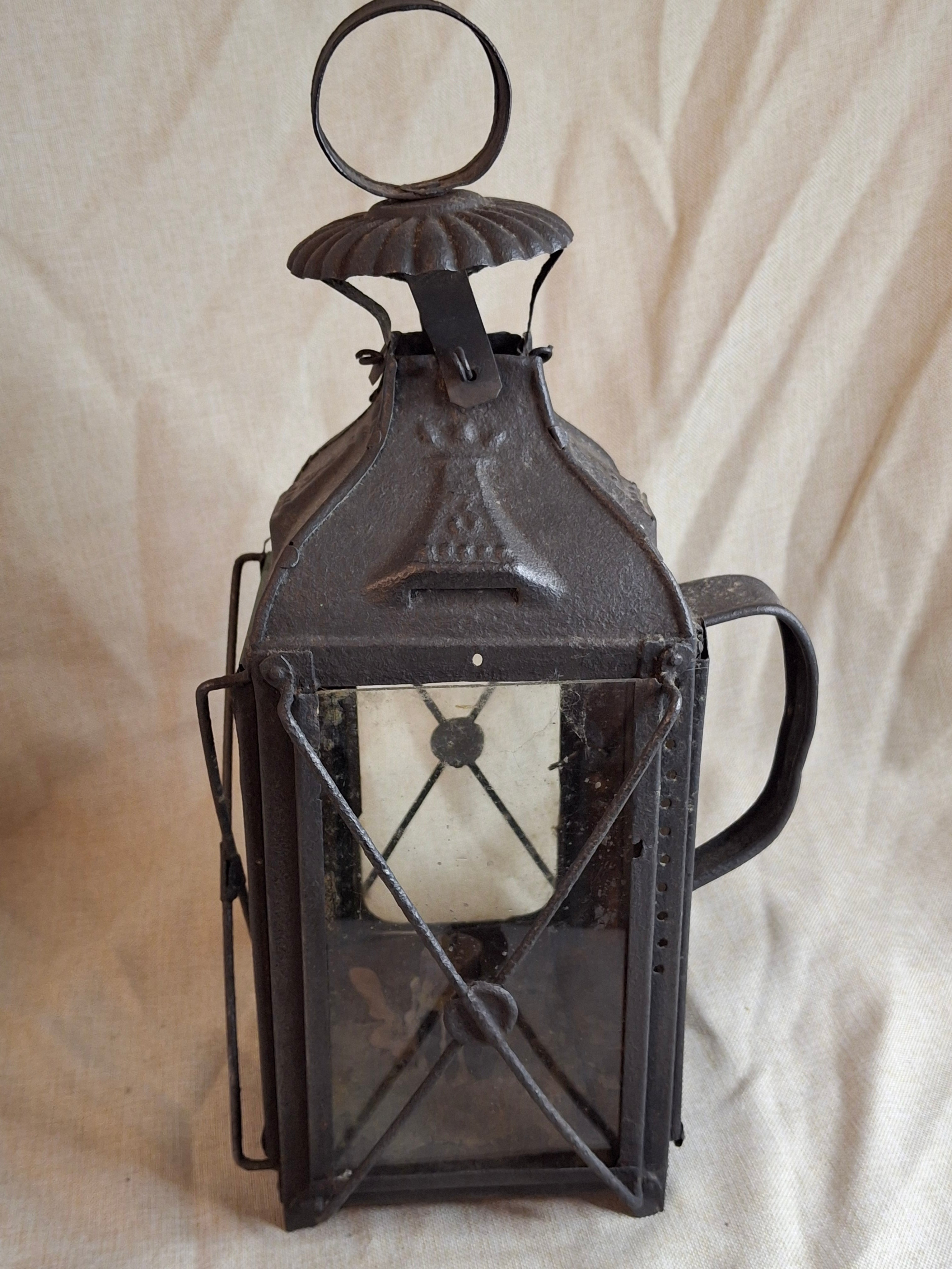RARE 19thC Embossed Tower Candle Lantern - INTACT Two-Tab Locking Tray - X-Brace