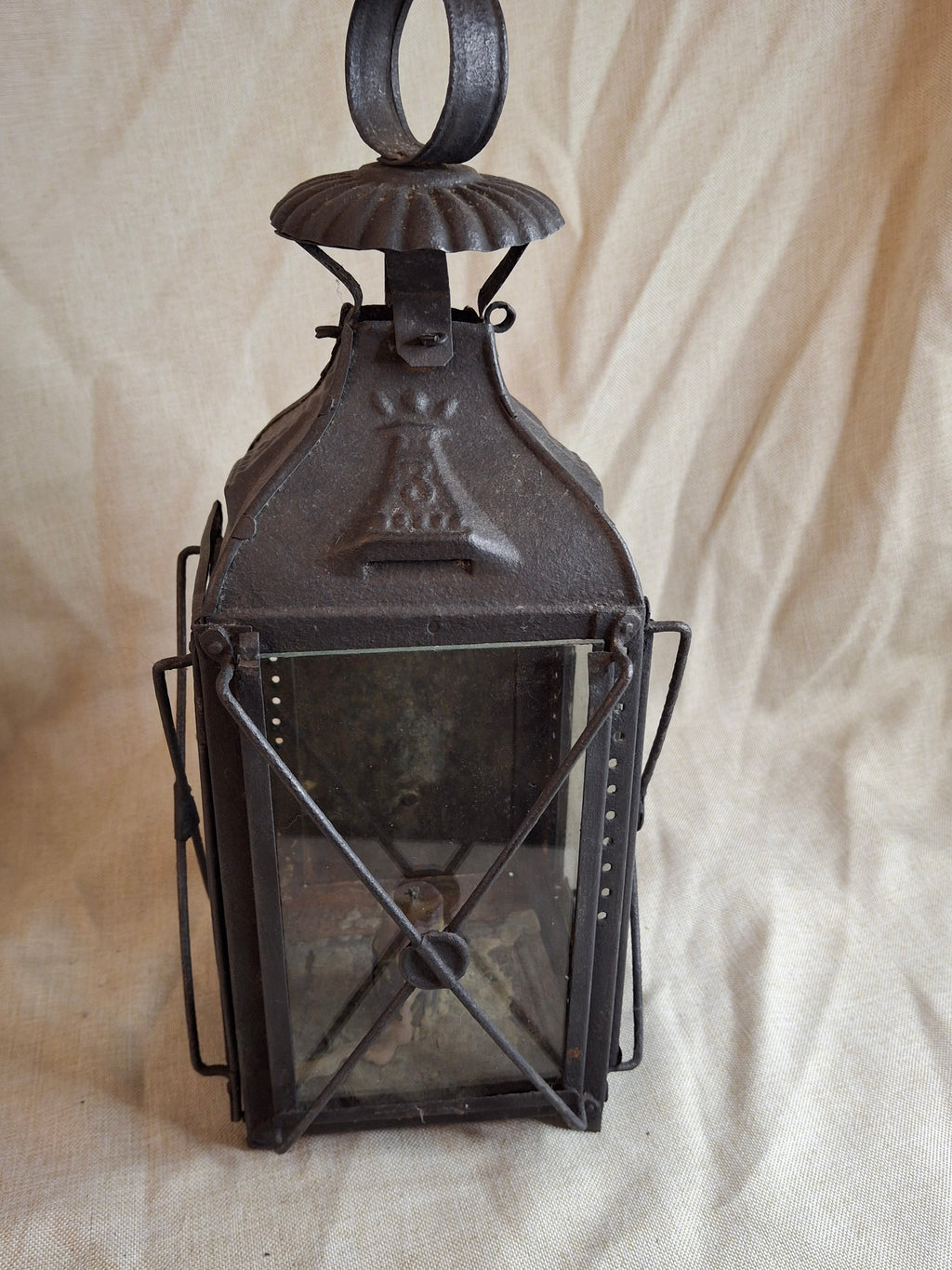 RARE 19thC Embossed Tower Candle Lantern - INTACT Two-Tab Locking Tray - X-Brace