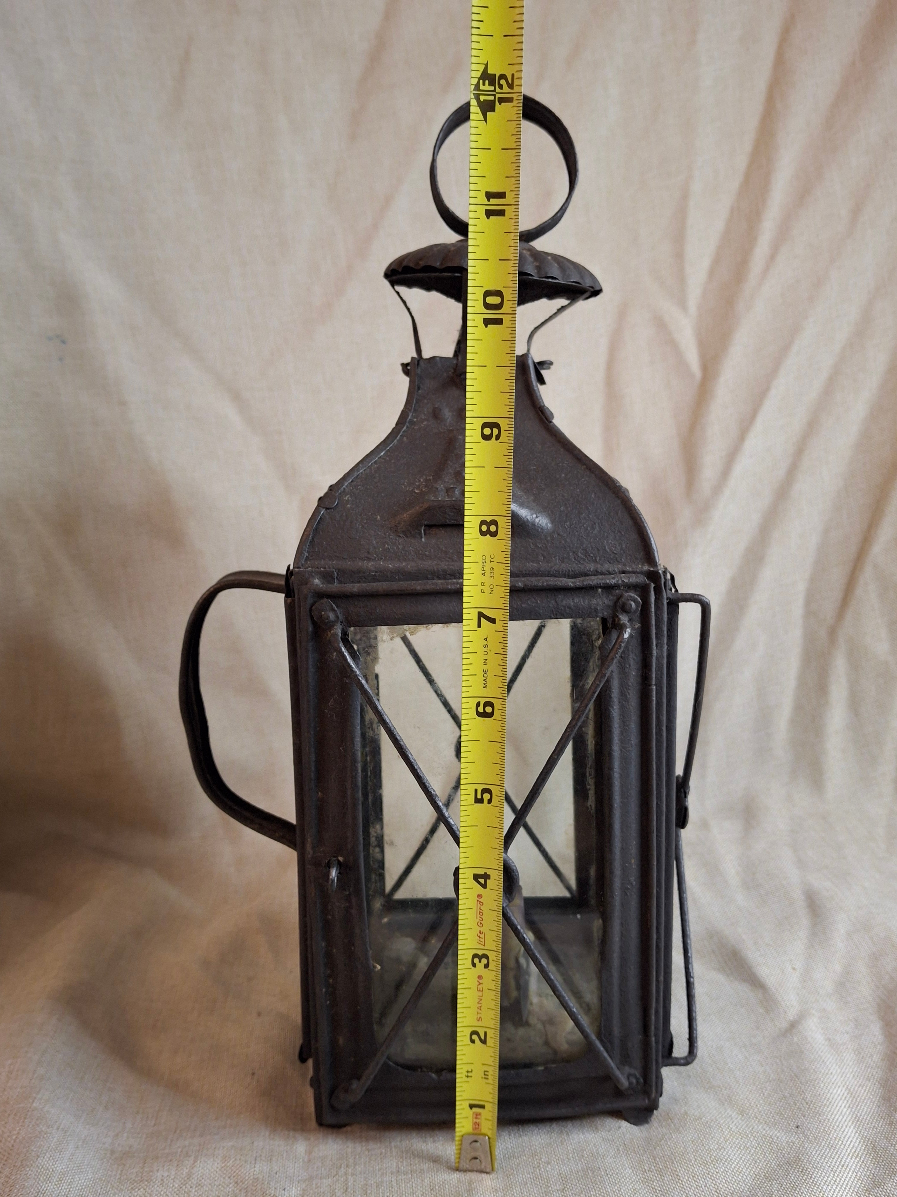 RARE 19thC Embossed Tower Candle Lantern - INTACT Two-Tab Locking Tray - X-Brace